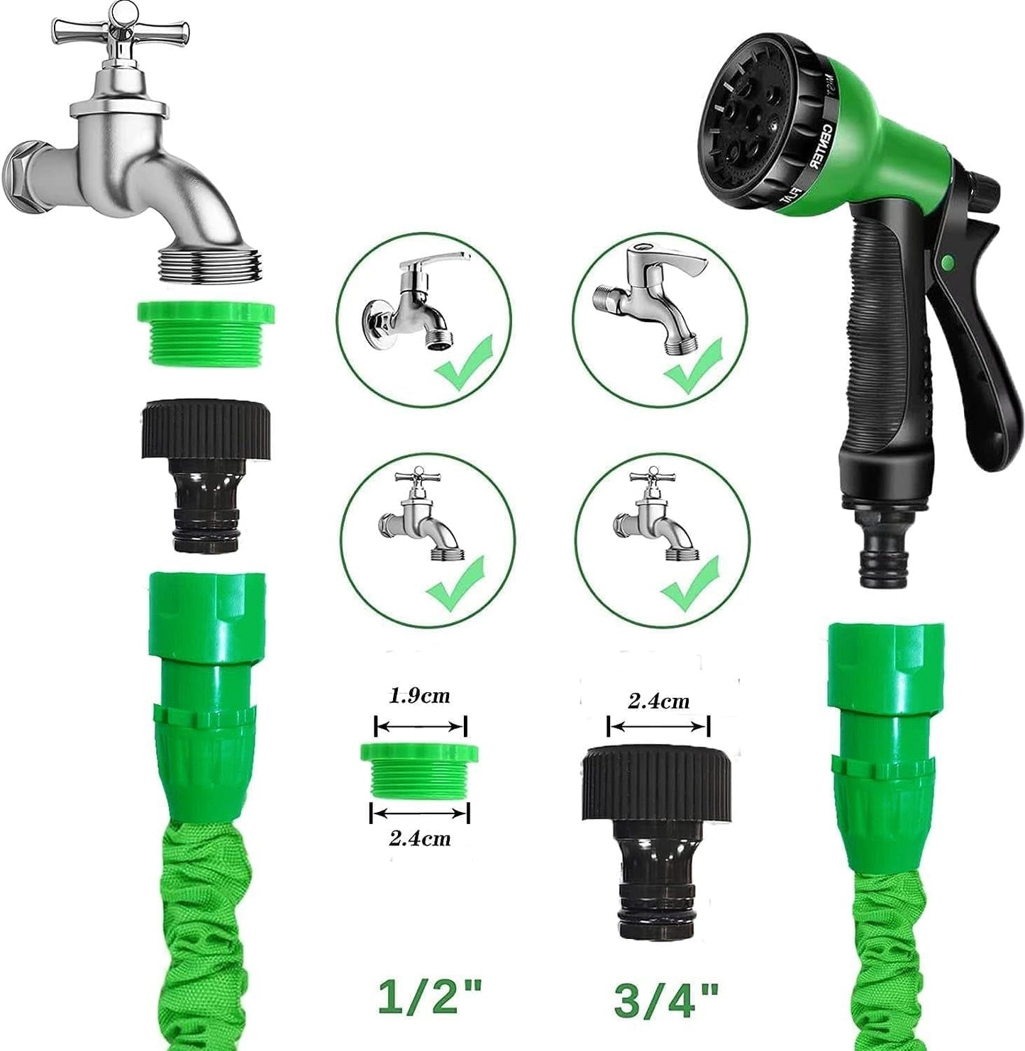 Zahradní hadice Magic Flexibilní prodlužovací hadice s koncovkami 1,9 cm 1,27 cm 8-funkční rozprašovací tryska modrá nebo zelená 15 m