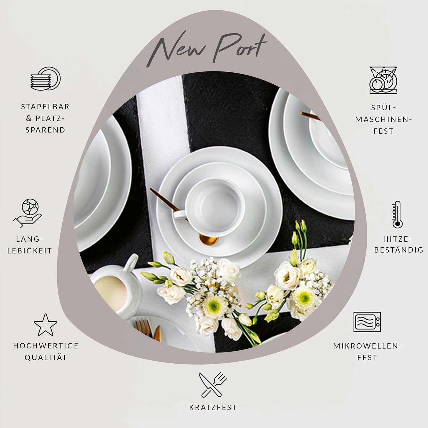 Sänger New Port Coffee Cup Set, Sada 12 šálků pro 6, Bílé porcelánové šálky a podšálky, 150ml | PRÉMIOVÁ KOLEKCE