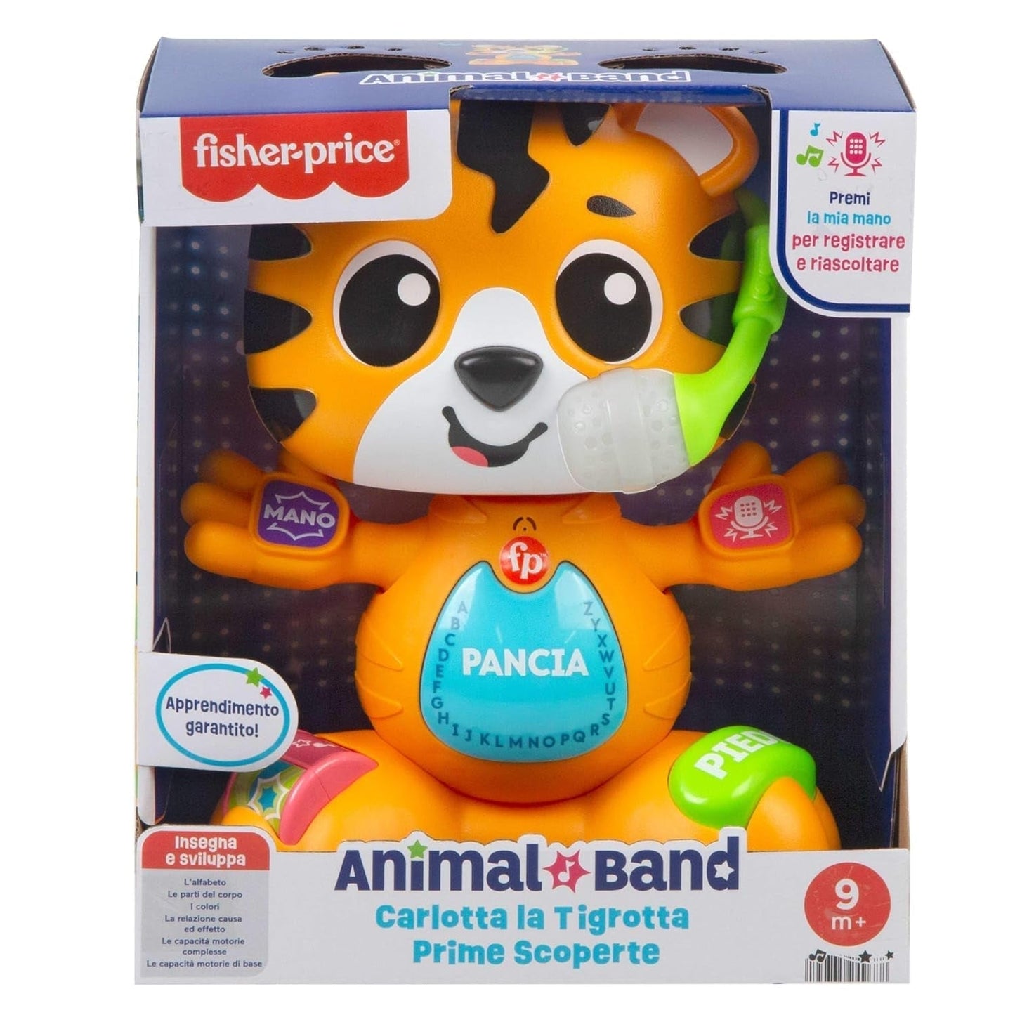 Fisher-Price vzdělávací hračka pro miminka a batolata, Beat Bande Učící se a tančící Tiger Justin se zvuky a světly pro miminka od 9 měsíců, italská verze, HYL04 Hračky pro miminka Naty Shop