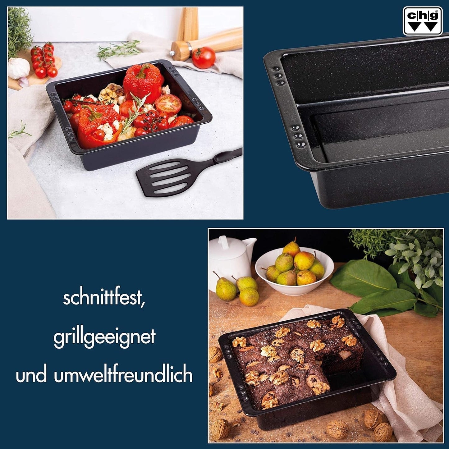Chg SET 341-46-60 Extra Tiefe Ofenform (7,0 Cm) "Emaille" Mit Profi-Pfannenwender", Schwarz Gesprenkelt Formy a plechy na pečení Naty Shop