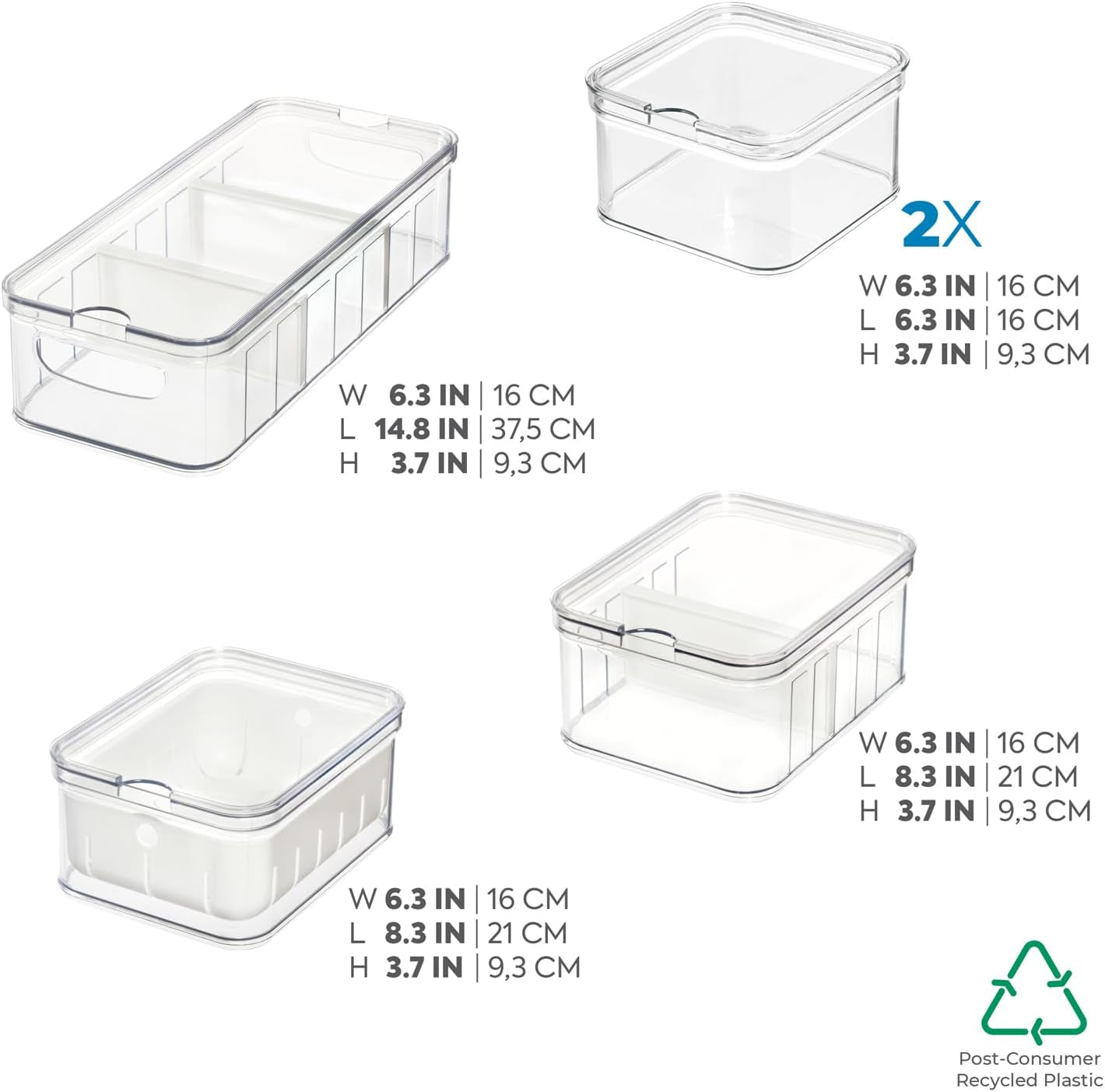 Úložné boxy iDesign, organizér na lednici s víkem v sadě 5 ks, boxy na skladování potravin z recyklovaného plastu pro organizaci spotřebního materiálu, průhledné a bílé boxy na skladování potravin Naty Shop