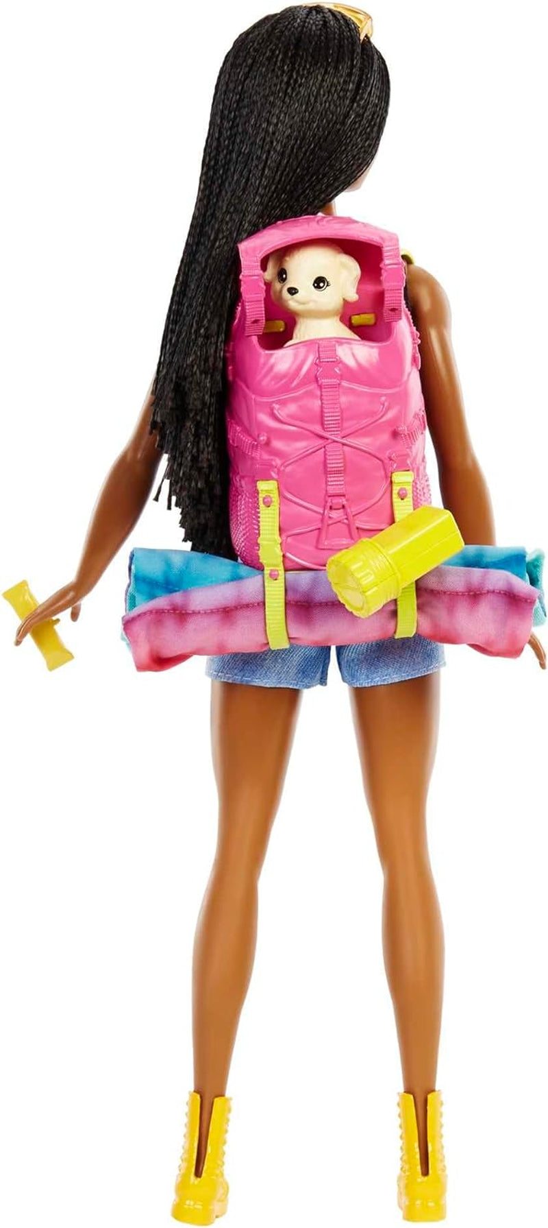 Panenka Barbie HDF74 ve dvou baleních! Brooklyn Camping Doll (bruneta se zapletenými copánky, cca 29 cm) se štěnětem, batohem, spacím pytlem, 10 kempingovými doplňky, dárek pro děti od 3 let
