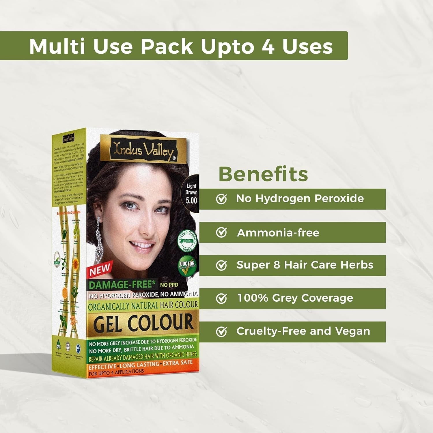 Gelová barva na vlasy Indus Valley Natural Damage Free | Bez amoniaku, bez veganů a bez krutosti | Až 100% krytí šedin, dlouhotrvající výsledky | Světlý kaštan 5,0 (20 gramů + 200 ml) Barva na vlasy Naty Shop