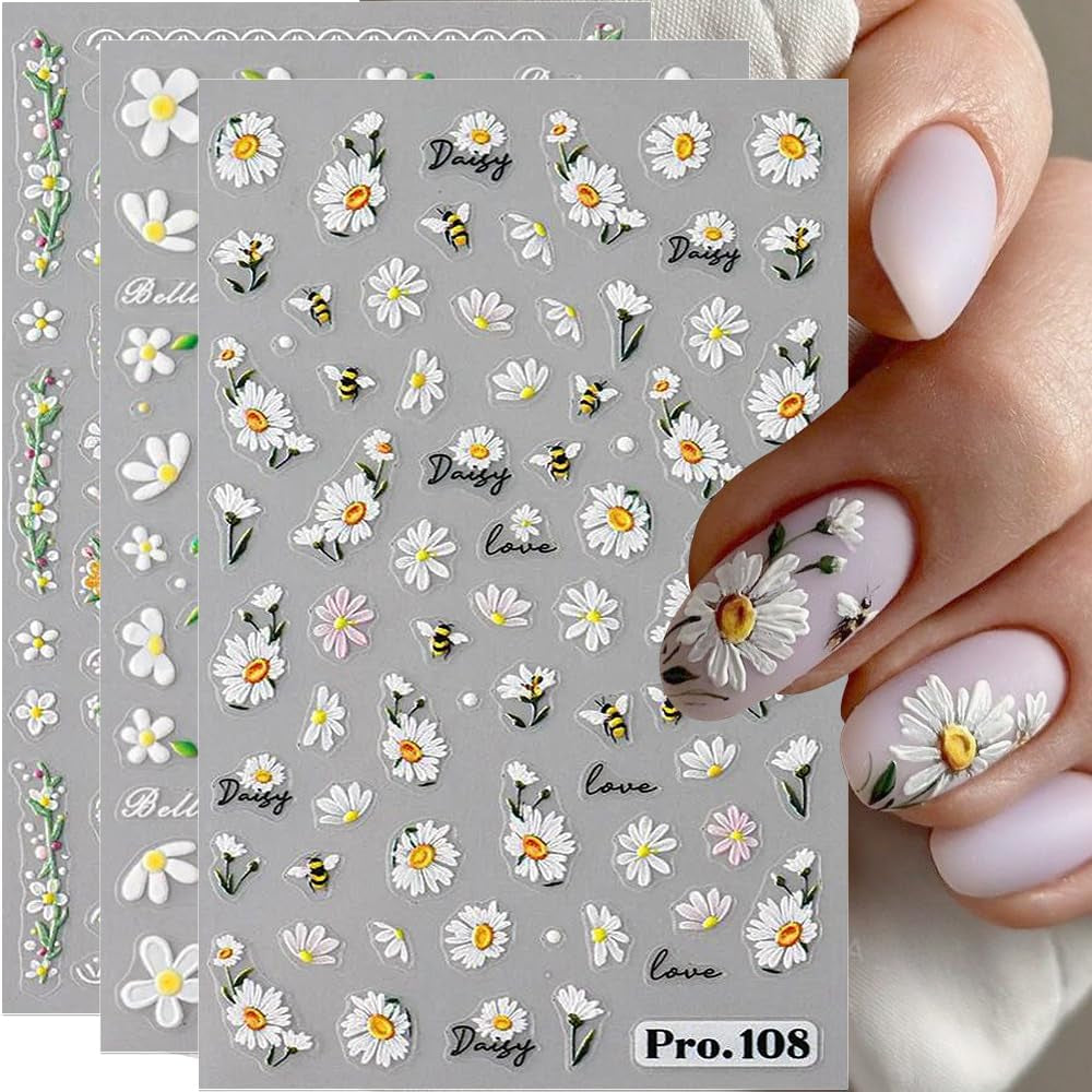 5ks Geprägte Gänseblümchen Nagelsticker Selbstklebend Blumen Nagelaufkleber Gänseblümchen Schmetterling Nagel Sticker Nageldesign Aufkleber Nägel Zubehör Blume Nail Sticker Flower Nail Art Stickers