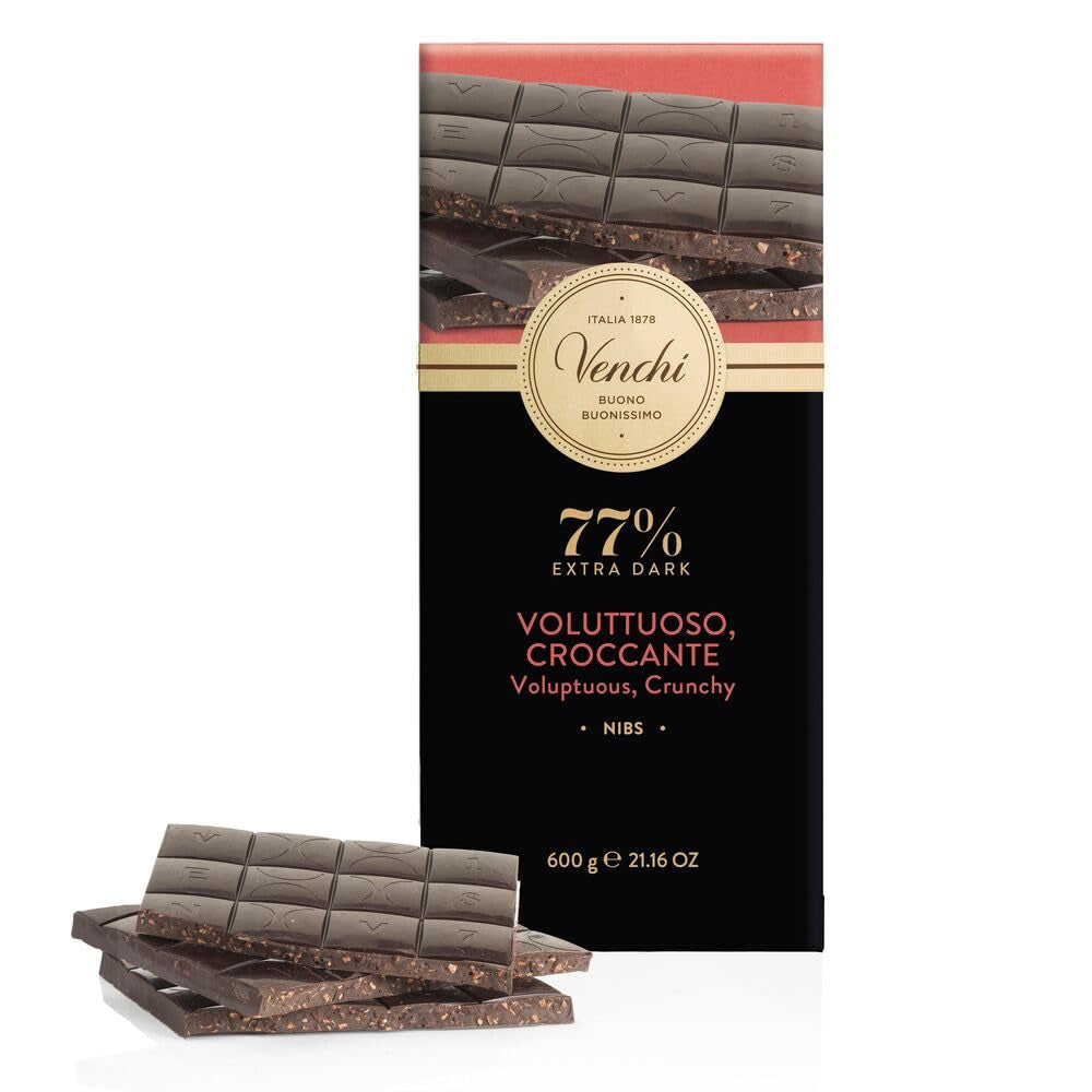 Venchi - Bar Maxi 77% Nibs, s extra hořkou čokoládou, kousky kakaových bobů, 600 g, bez lepku, bez barviv a bez konzervantů