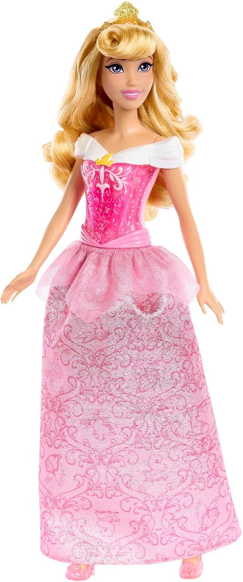 Mattel DISNEY Princess Aurora – panenka s ikonickým outfitem, odnímatelné boty a diadém, třpytivý top a odepínatelná vzorovaná sukně, dlouhé vlasy pro styling, HLW09