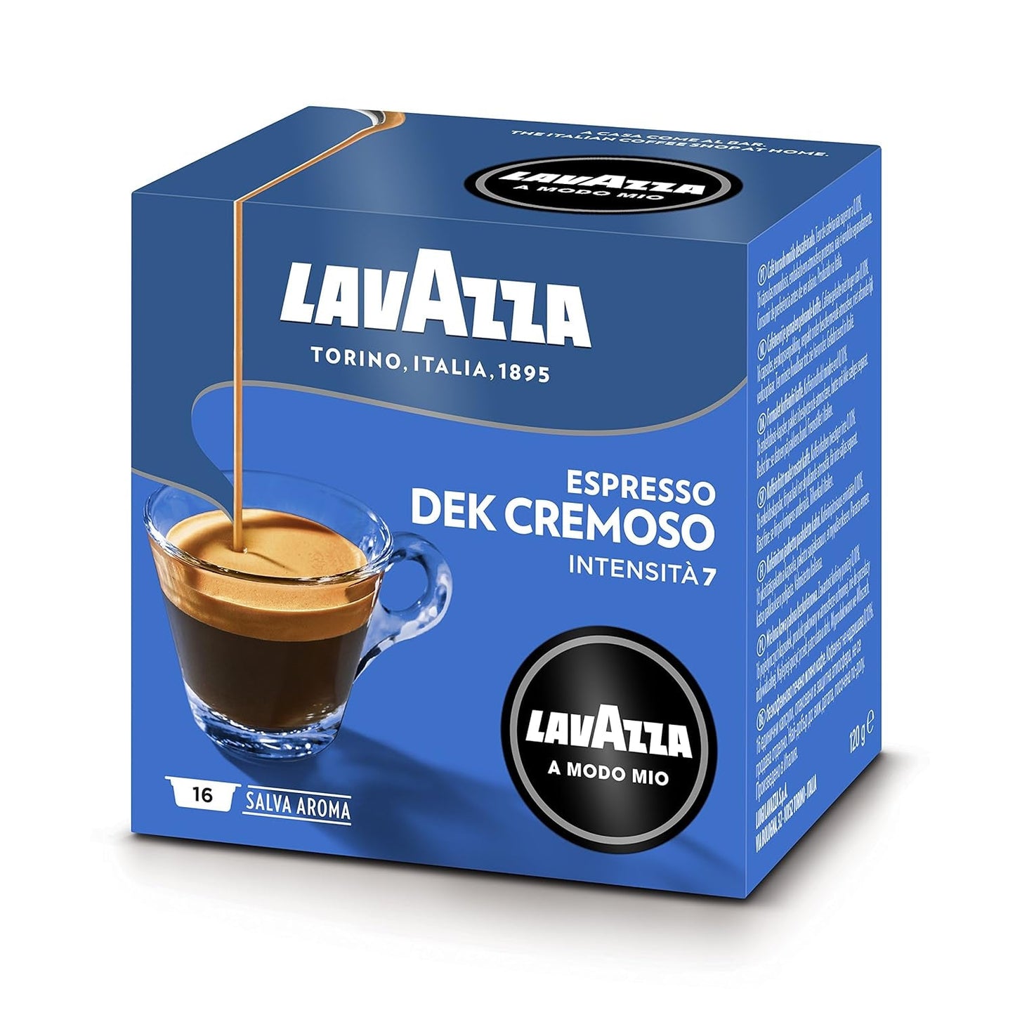 Lavazza A Modo Mio Dek Cremoso, 256 kávových kapslí, na espresso bez kofeinu s aromatickými tóny mandlí a canditis, 100% Arabica, intenzita 7/13, středně pražení, 16 balení