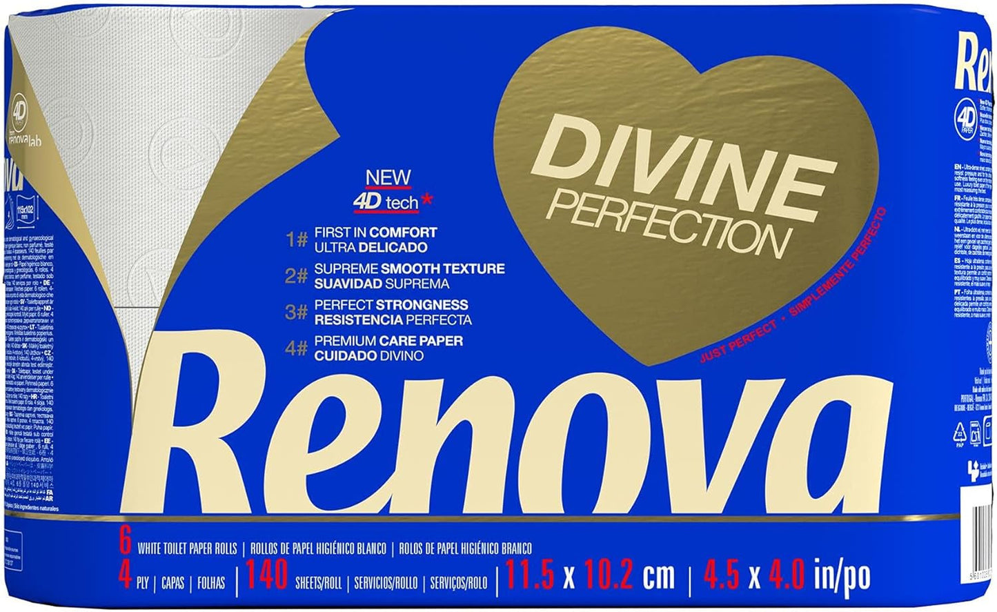 Toaletní papír Renova Renova Divine Perfection, 42 rolí, toaletní papír Premium, 4 vrstvy, ultra měkký, extra pevný, silný, měkký a savý, papír s certifikací Fsc, 4400G
