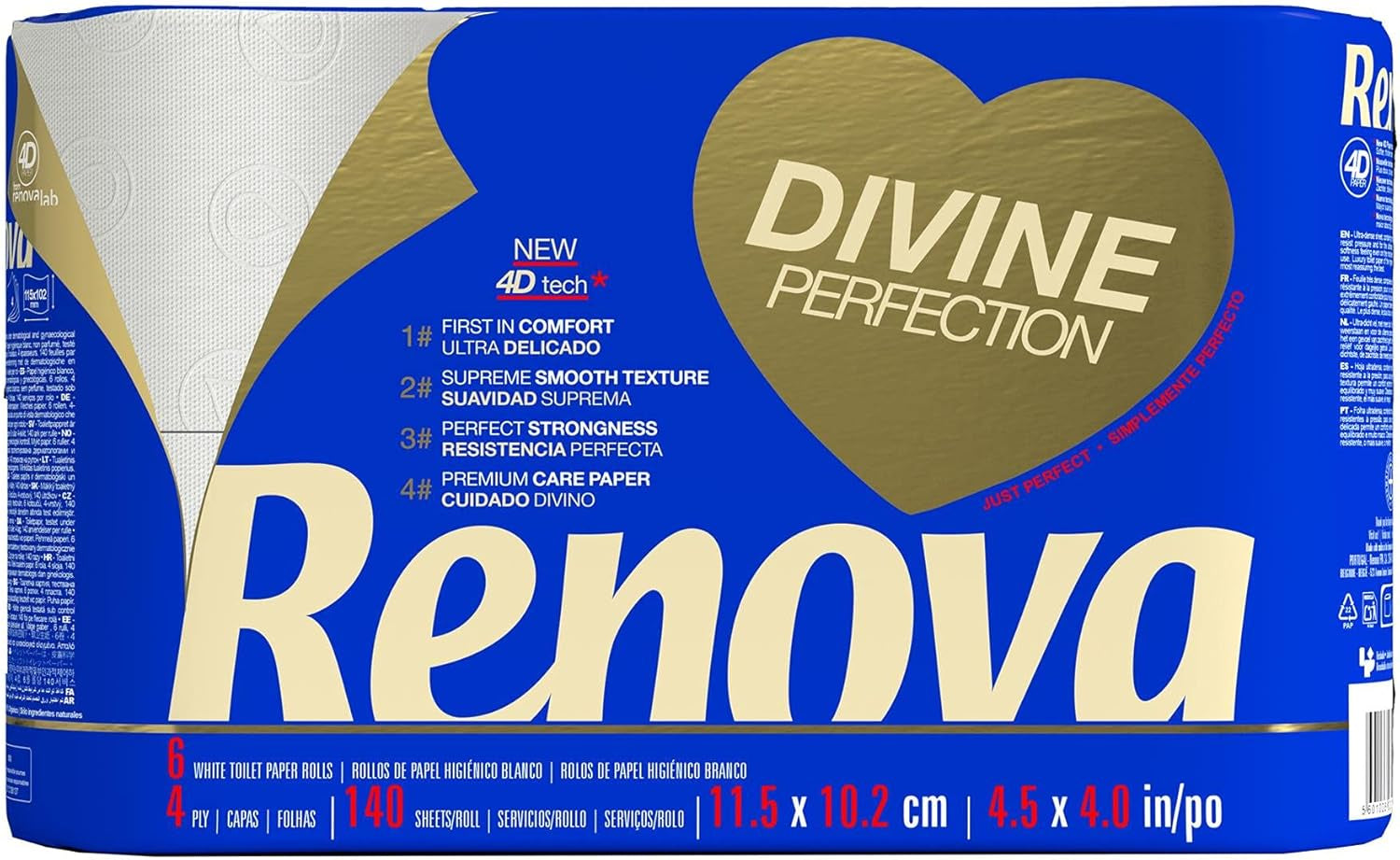 Toaletní papír Renova Renova Divine Perfection, 42 rolí, toaletní papír Premium, 4 vrstvy, ultra měkký, extra pevný, silný, měkký a savý, papír s certifikací Fsc, 4400G