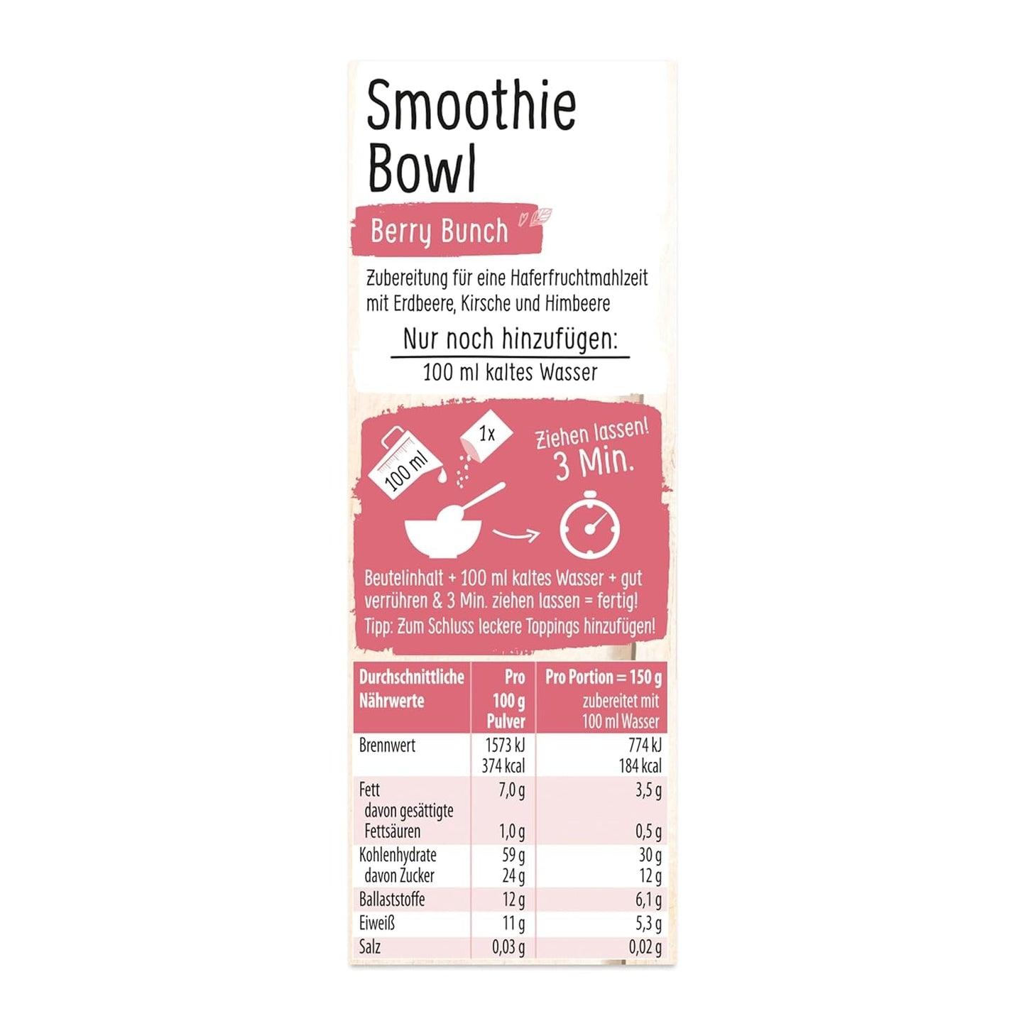 RUF Smoothie Bowl Berry Bunch Oats Snídaňová svačina s ovocem a chia semínky, rychlá a snadná příprava, veganská, 1 sáček x 50 g (balení 3 ks)