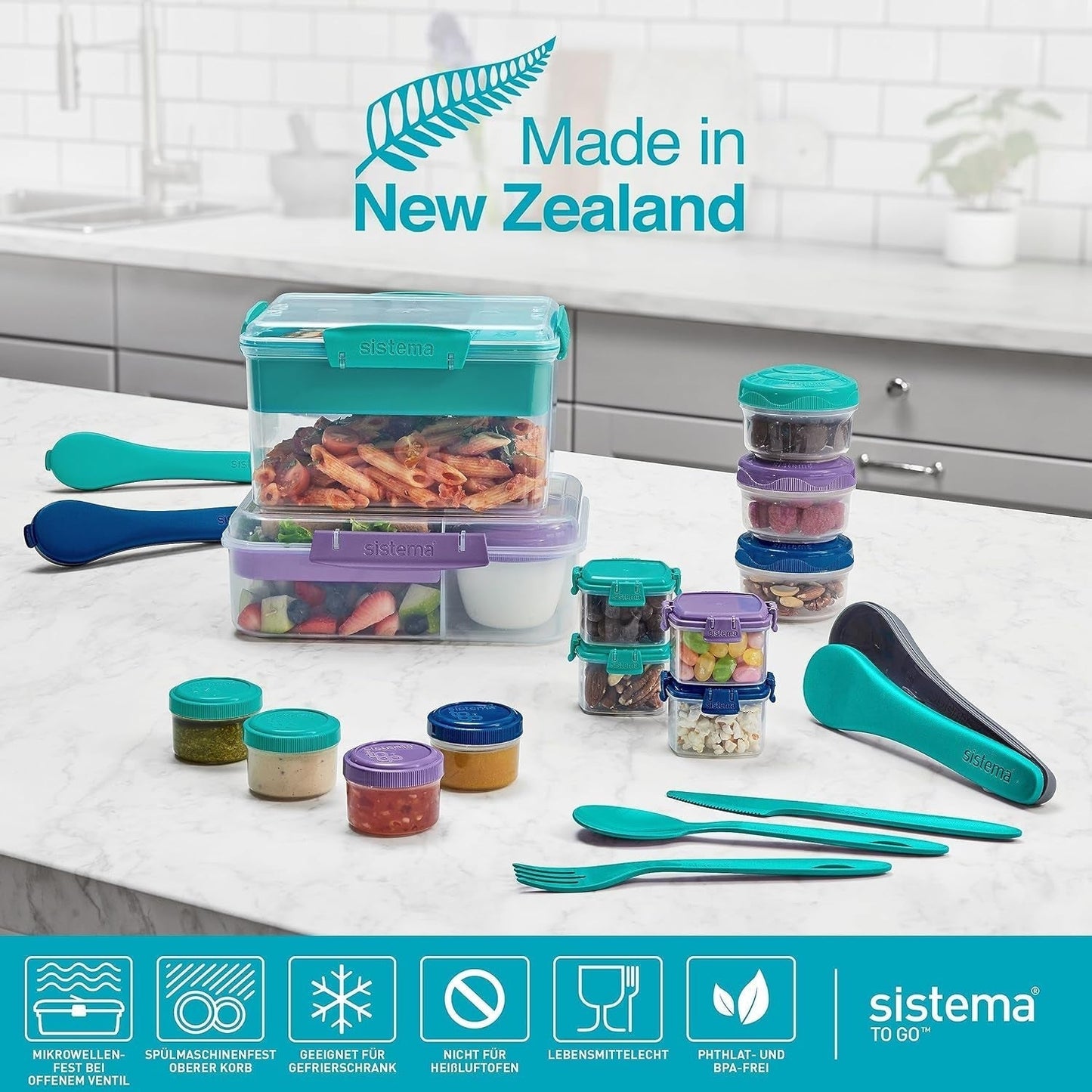 Systém obědových boxů Bento Box TO GO s přihrádkami | Box na oběd 1,25 l s nádobou na jogurt/ovoce | pro děti i dospělé l | Bez BPA Minty Teal [21685-8T], mátově zelená Naty Shop boxy na skladování potravin