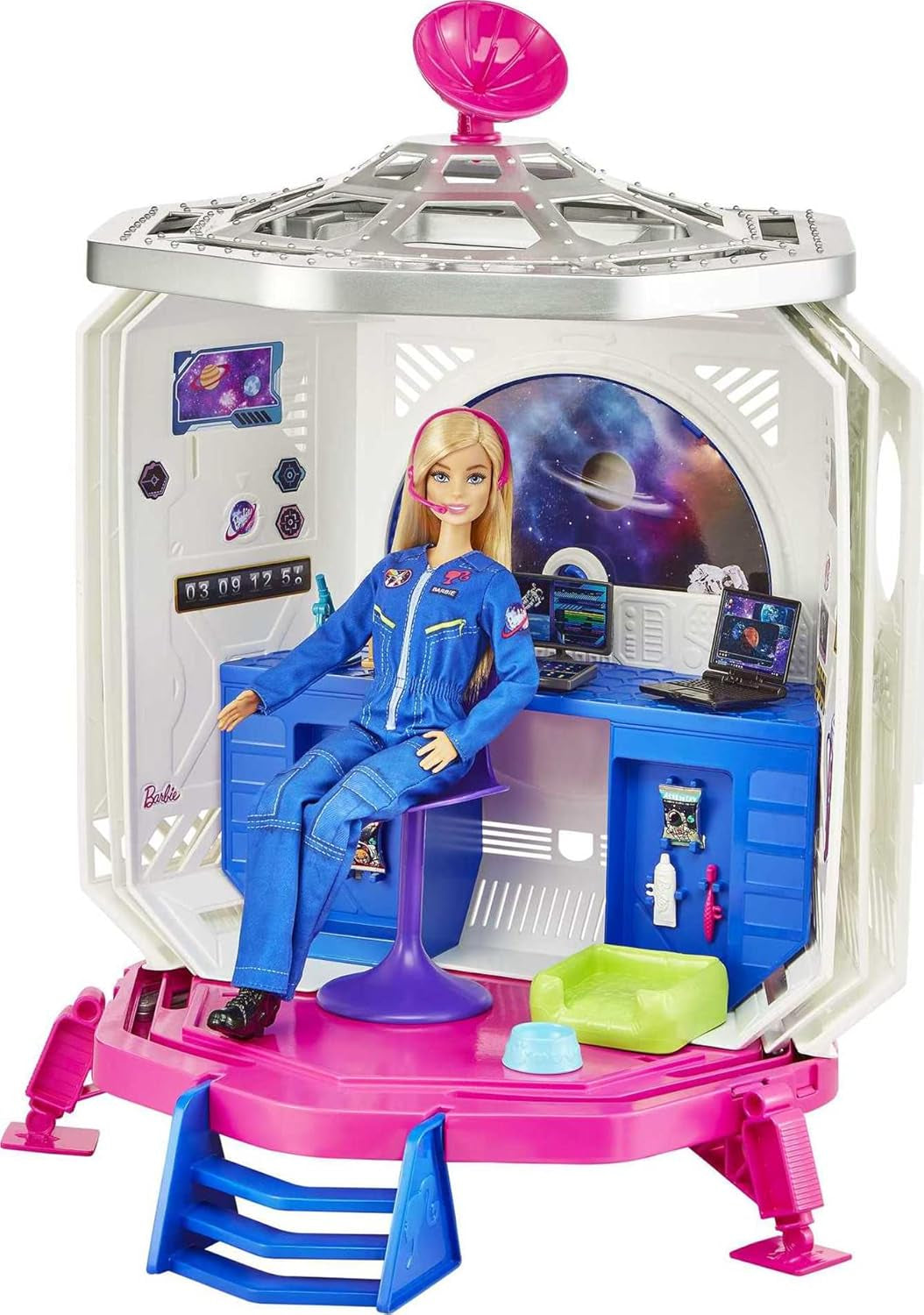 Barbie GXF27 - Vesmírná stanice Vesmírné dobrodružství, Vesmírná panenka, štěně, Pracovní stanice, Vesmírné scény, 20 doplňků, Dárková hračka pro děti od 3 let
