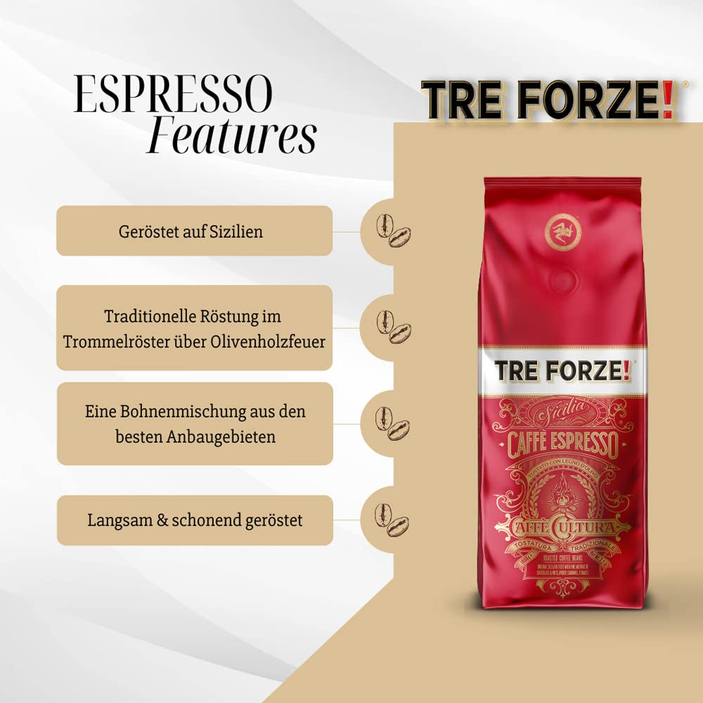 Espresso Caffè - Zrnková espresso - Pražená tradičně na ohni z olivového dřeva, ručně vyráběná na Sicílii - Prémiová zrnková káva 250 g pro plně automatické kávovary a portafiltrační stroje