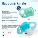 Dětské dudlíky Twistshake – balení 2 ks | Ortodontická forma | Ultralehký | Měkká silikonová savička | Bez BPA | Vhodné pro miminka od 6 měsíců | Modrá Zelená