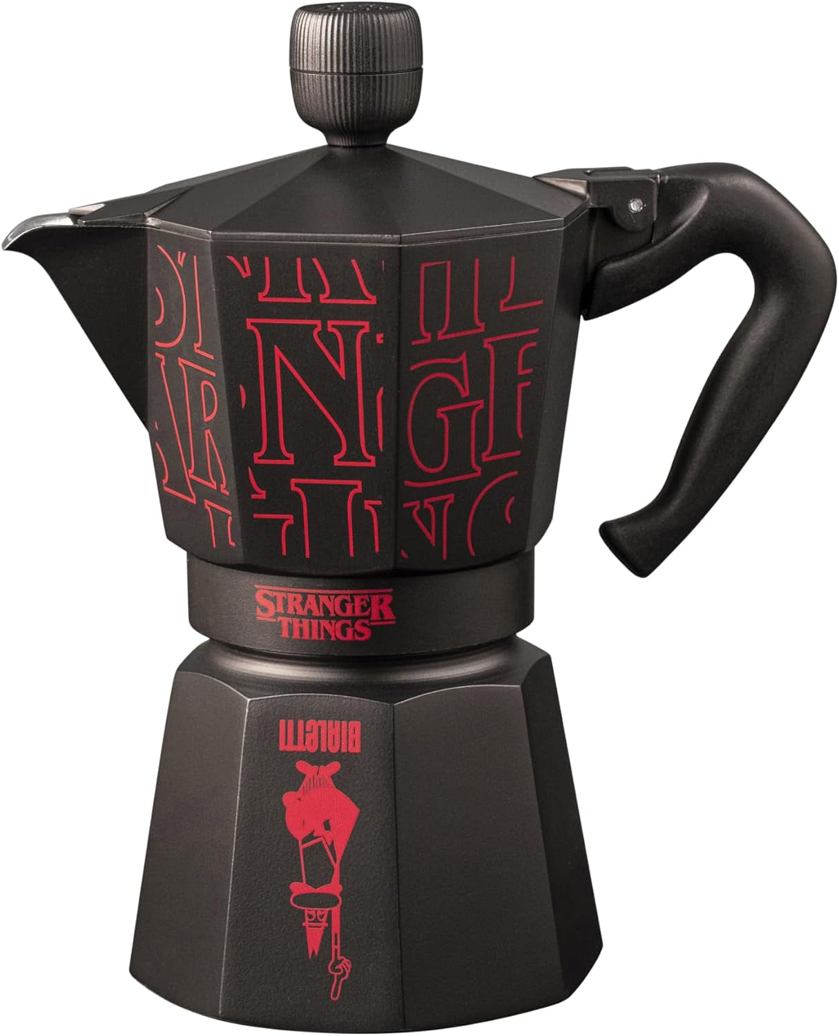 Kávovar Bialetti Moka Express Stranger Things na 6 šálků, hudební tlačítko s funkcí nabíjení USB-C, nevhodné pro indukční varné desky, 6 šálků (270 ml), černá