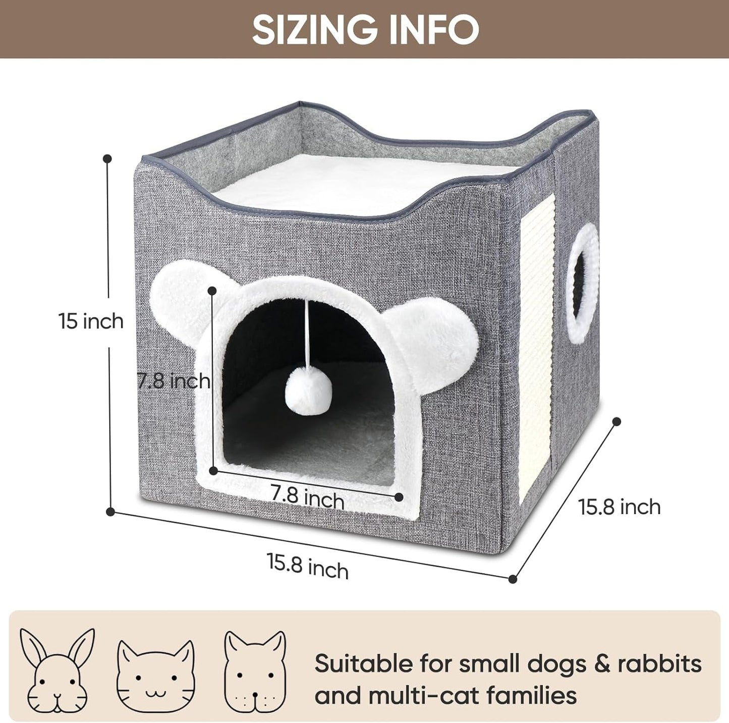 Katzenbetten für Indoor Katzen, Faltbares Katzenhaus, Katzenhöhle 2 Schicht Würfel Großer Raum Katzenbett mit Kratzbrett und Spielball, 15,8 x 15,8 x 15 palců