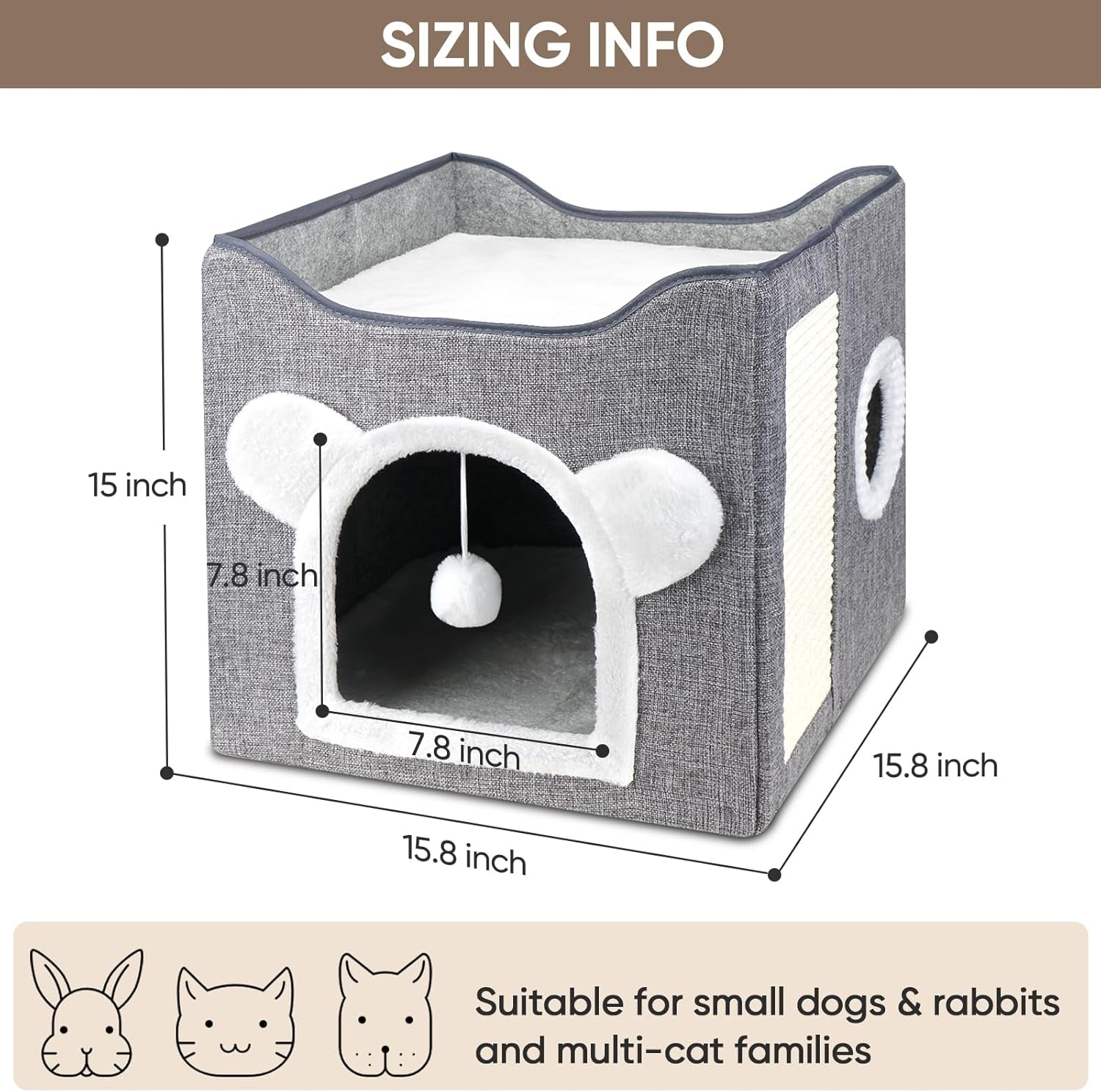 Katzenbetten für Indoor Katzen, Faltbares Katzenhaus, Katzenhöhle 2 Schicht Würfel Großer Raum Katzenbett mit Kratzbrett und Spielball, 15,8 x 15,8 x 15 palců