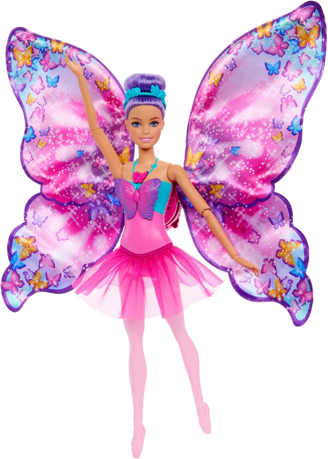 Barbie Dance And Flutter Transformační panenka 2 v 1 z tanečnice na motýla s otevíracími křídly, fialovými vlasy, vlasovými šperky a odnímatelnou tutu, HXJ10 Naty Shop Dolls Výchozí název