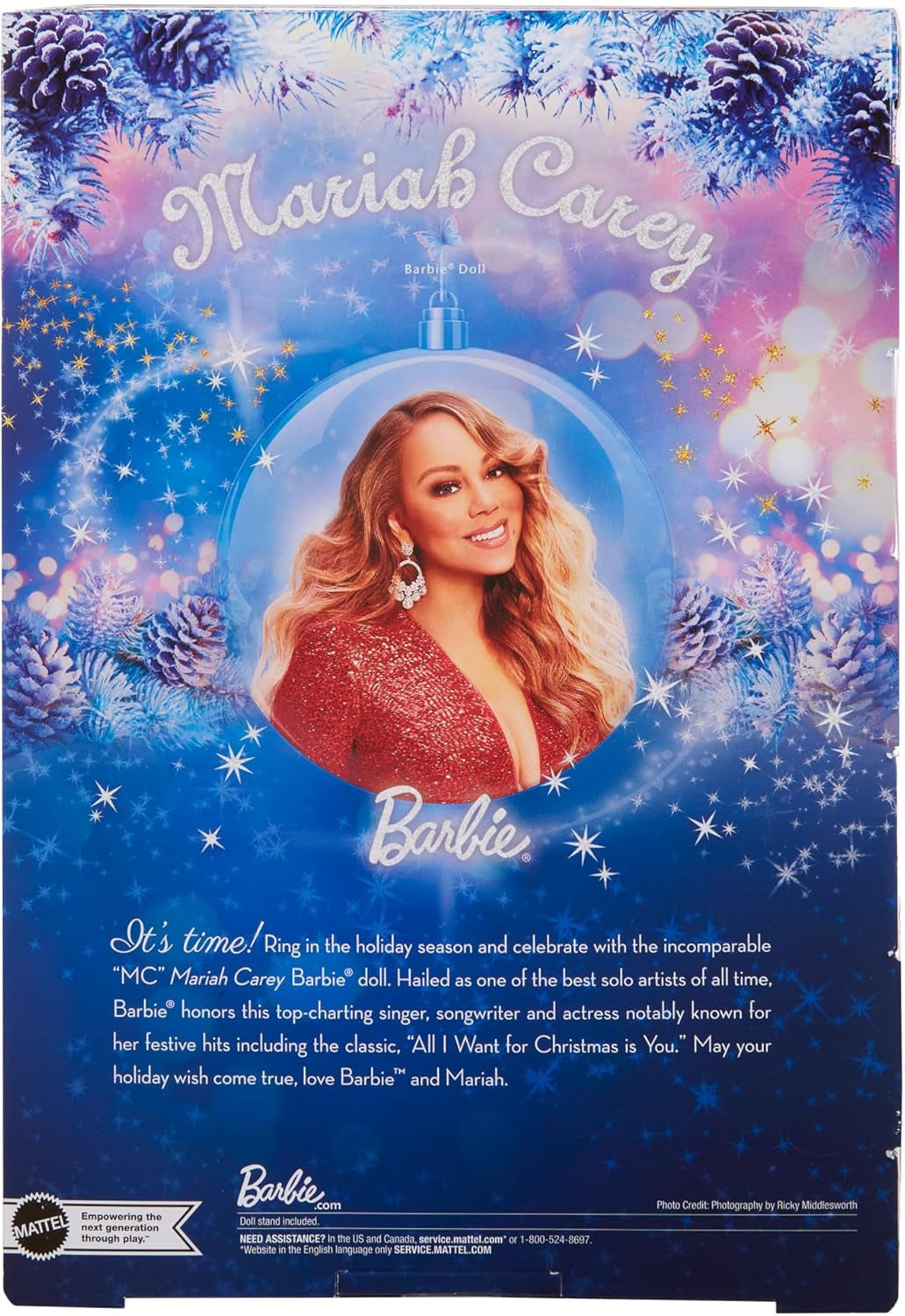 Barbie Mariah Carey - Sběratelská panenka s třpytivě červenými šaty, volány, rozparek, okouzlující kadeře, stříbrné doplňky, červené vysoké podpatky, vánoční tradice, dekorace, HJX17