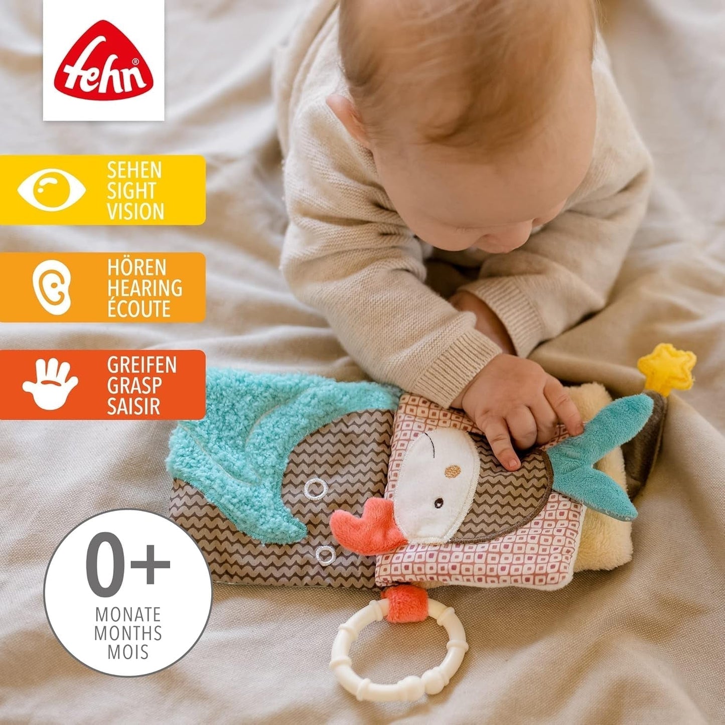 Fehn Play Glove Safari - Prstové loutky Hračka pro miminko Opice a slon pro uchopování a vytváření zvuků a měkká obrázková kniha Bruno - dotyková kniha pro děti s motivy zvířat Hračky pro miminka Naty Shop