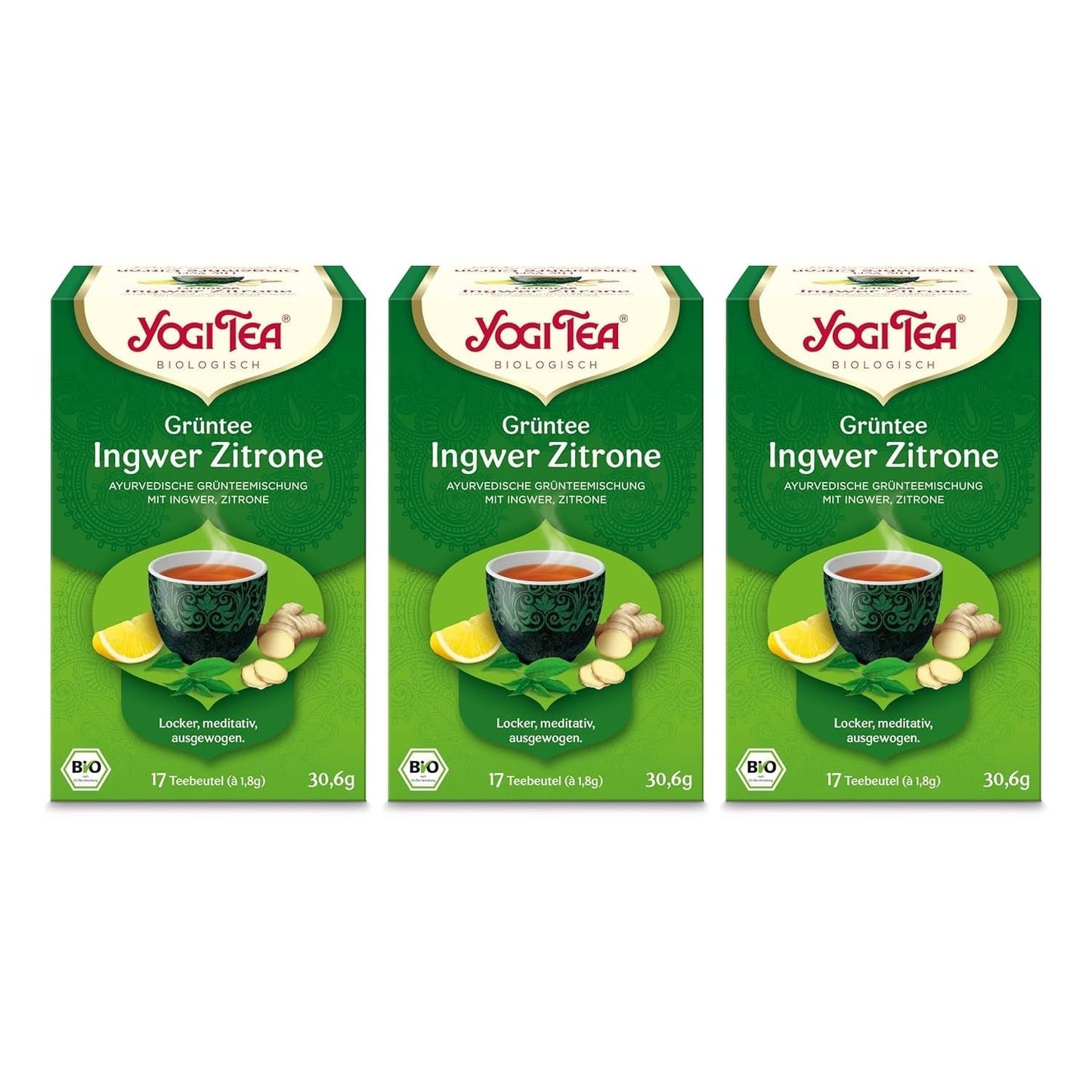 Yogi Tea - Zelený čaj se zázvorem a citronem, Bio ajurvédský čaj s kořením a bylinkami, Směs zeleného čaje, zázvoru a citronu, Yogi Tea 3 Pack, 3X17 čajových sáčků (celkem 51 čajových sáčků), Ideální jako dárek