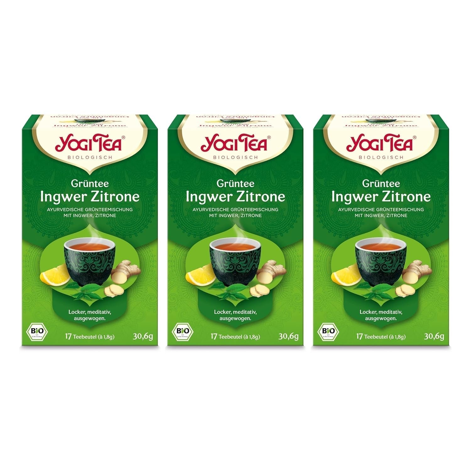 Yogi Tea - Zelený čaj se zázvorem a citronem, Bio ajurvédský čaj s kořením a bylinkami, Směs zeleného čaje, zázvoru a citronu, Yogi Tea 3 Pack, 3X17 čajových sáčků (celkem 51 čajových sáčků), Ideální jako dárek