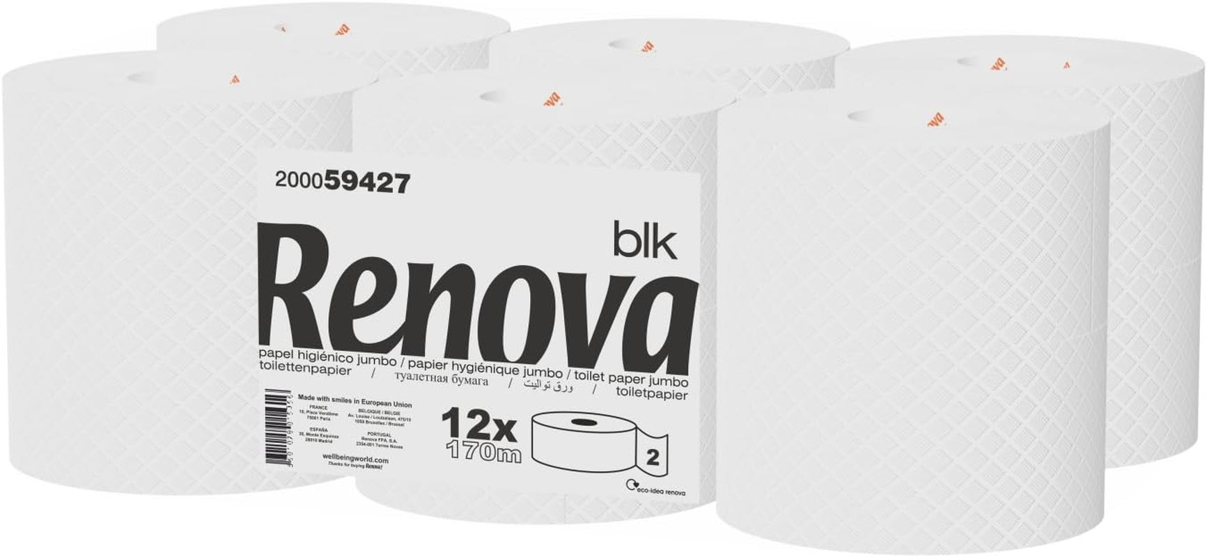 Toaletní papír Renova Jumbo BLK, 12 rolí po 170 M, bílý papír, 2 vrstvy