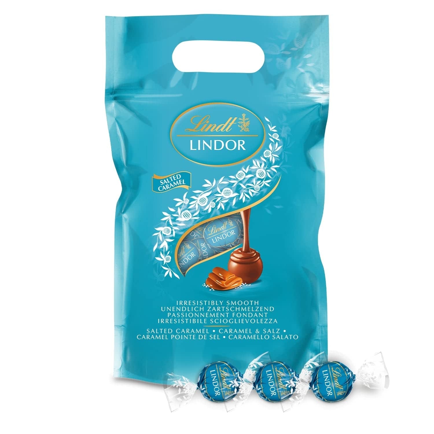 LINDOR čokoládové kuličky se slaným karamelem | cca. 80 kuliček z mléčné čokolády s náplní ze slaného karamelu | Bulk Pack & Marc de Champagne Čokoládové kuličky | 700 g