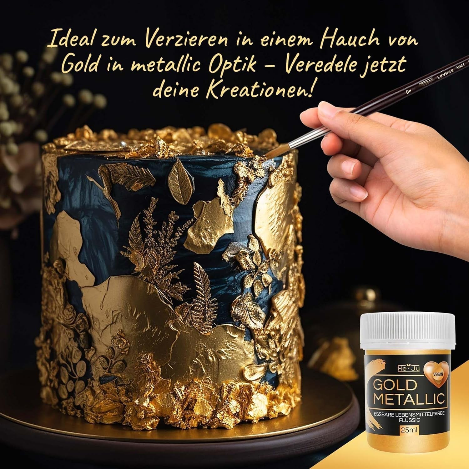 He-Ju Metallic Gold tekuté potravinářské barvivo 25 ml, jedlé třpytky na nápoje a jídlo (kovové zlato, 25 ml)