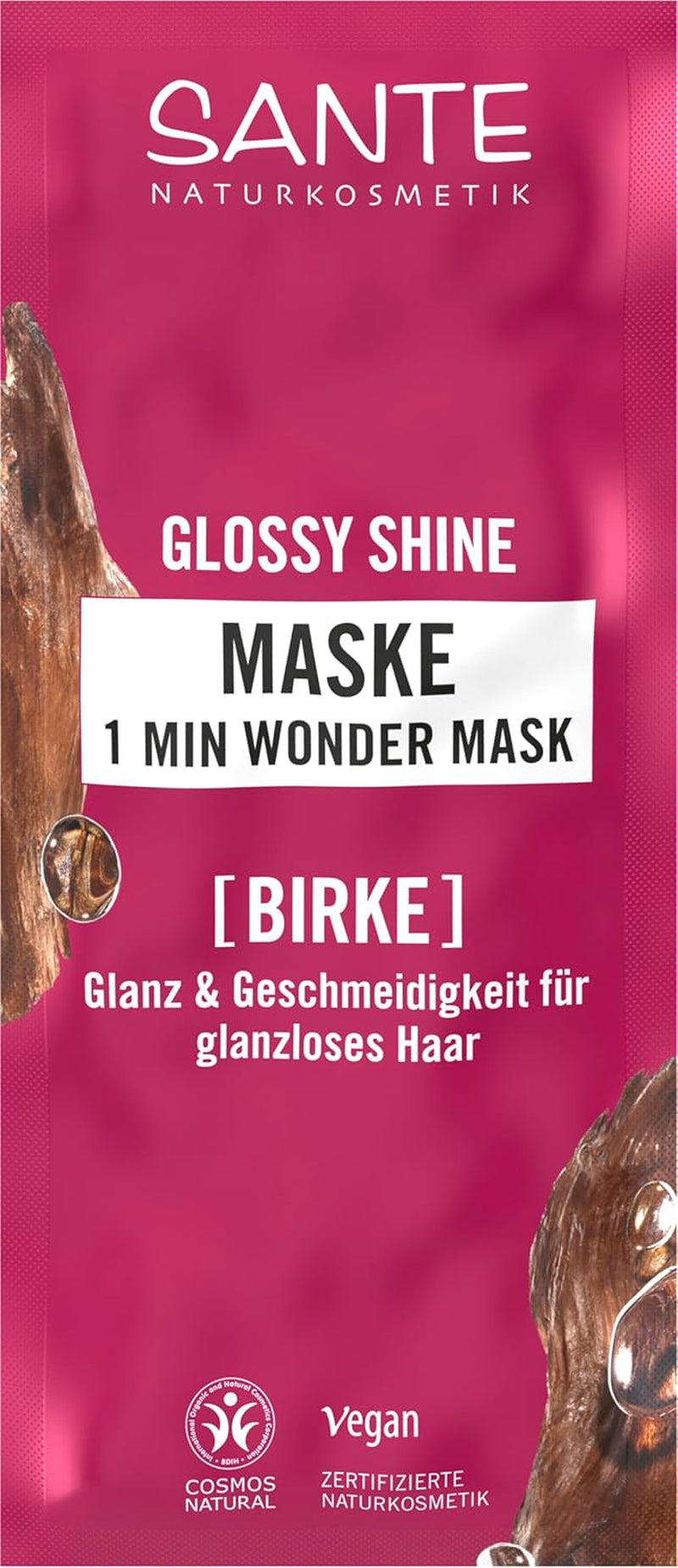 SANTE Naturkosmetik Glossy Shine 1 Min Wonder Mask, hloubková péče pro matné vlasy s organickým extraktem z březových listů a 3x proteinovým komplexem pro 3x více lesku a poddajnosti, veganská, 20ml Naty Shop Hair Mask Výchozí název