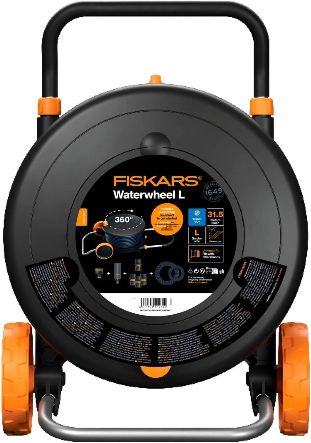 Vodní kolo Fiskars Comfort L s kolečky, zavlažovací sada all inclusive, celkový dosah 31,5 m, automatické navíjení, univerzální zahradní hadice (Ø 13 mm), univerzální připojení na kohoutek, 1071670