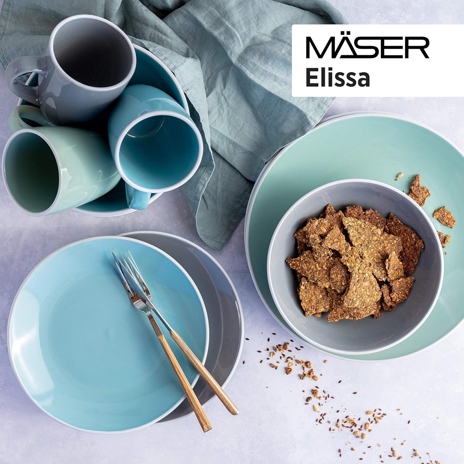 MÄSER 931844 Moderní sada nádobí řady Elissa pro 6, modrá s bílým okrajem, 24dílná kombinovaná sada, keramika