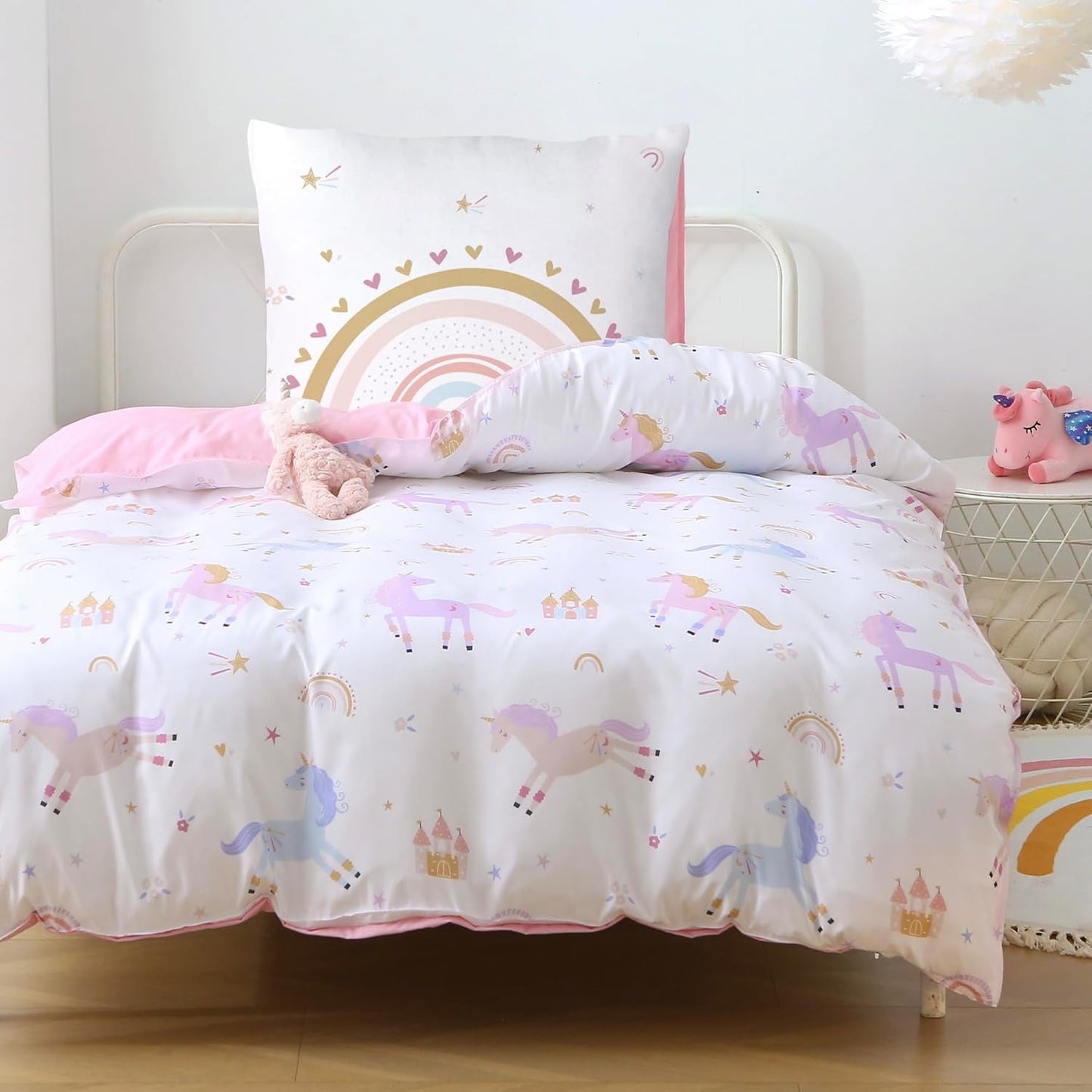 Fekohipy Bettwäsche 135X200 Mädchen Einhorn Kinderbettwäsche Rosa 3D-Druck Mikrofaser Regenbogen Kinder Bettbezug Mit Zwierzweissung Und 1 Kissenbezug 80X80Cm 2-Teilige Kinderbettwäsche-Set Naty Shop 135x200cm + 80x80cm