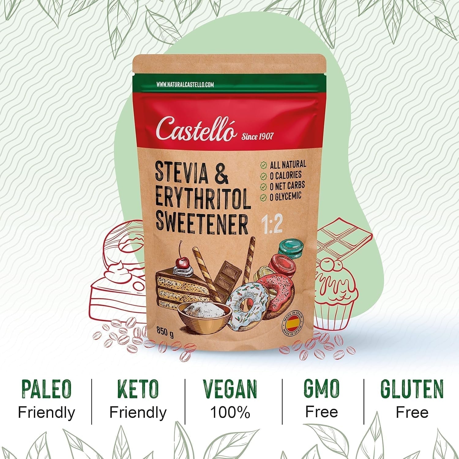 Stévie + Erythritol 1:2 Süßstoff | 1G = 2G Zucker | 100% Natürlicher Zuckerersatz - 0 Kalorie - 0 Glykämischer Index - Keto Und Paleo - 0 Netto-Kohlenhydrát - Kein GVO - Castello od roku 1907 - 850 G Sladidla Naty Shop