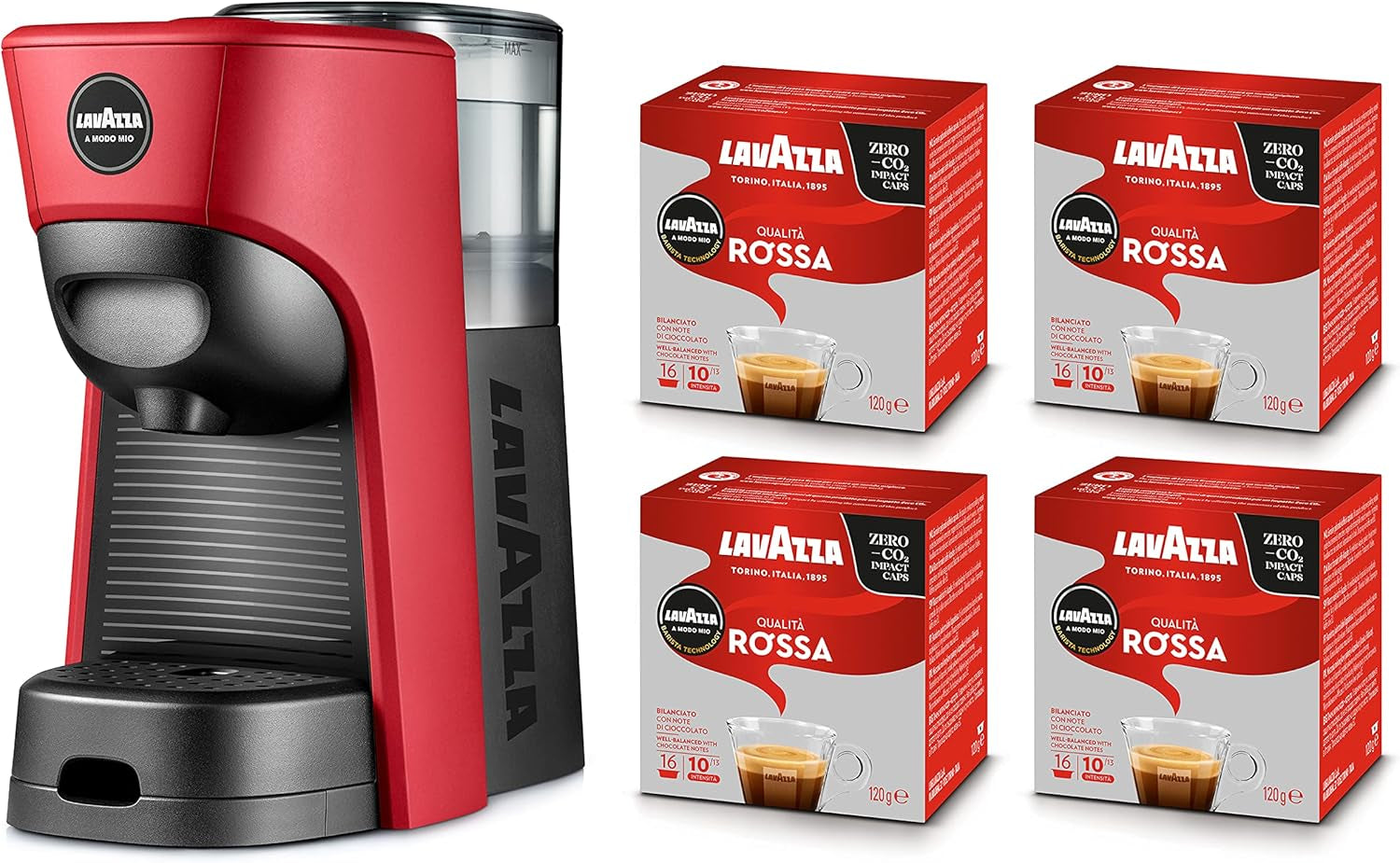 Lavazza, Espressor A Modo Mio Tiny Eco Red s 64 kapslemi, Espressor z recyklovaného plastu, 1450 W, 220-240 V, 50/60 Hz, 0,6 litru