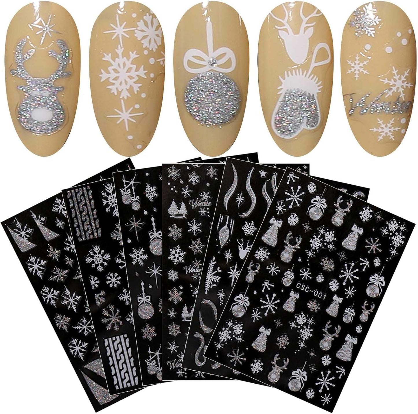 JMEOWIO Nálepka na nehty Weihnachten Gold Glitter Silber 8 Blatt Nálepka na nehty Selbtklebend Nagelaufkleber Schneeflocke Winterurlaub Dekoration Nageldesign Zubehör