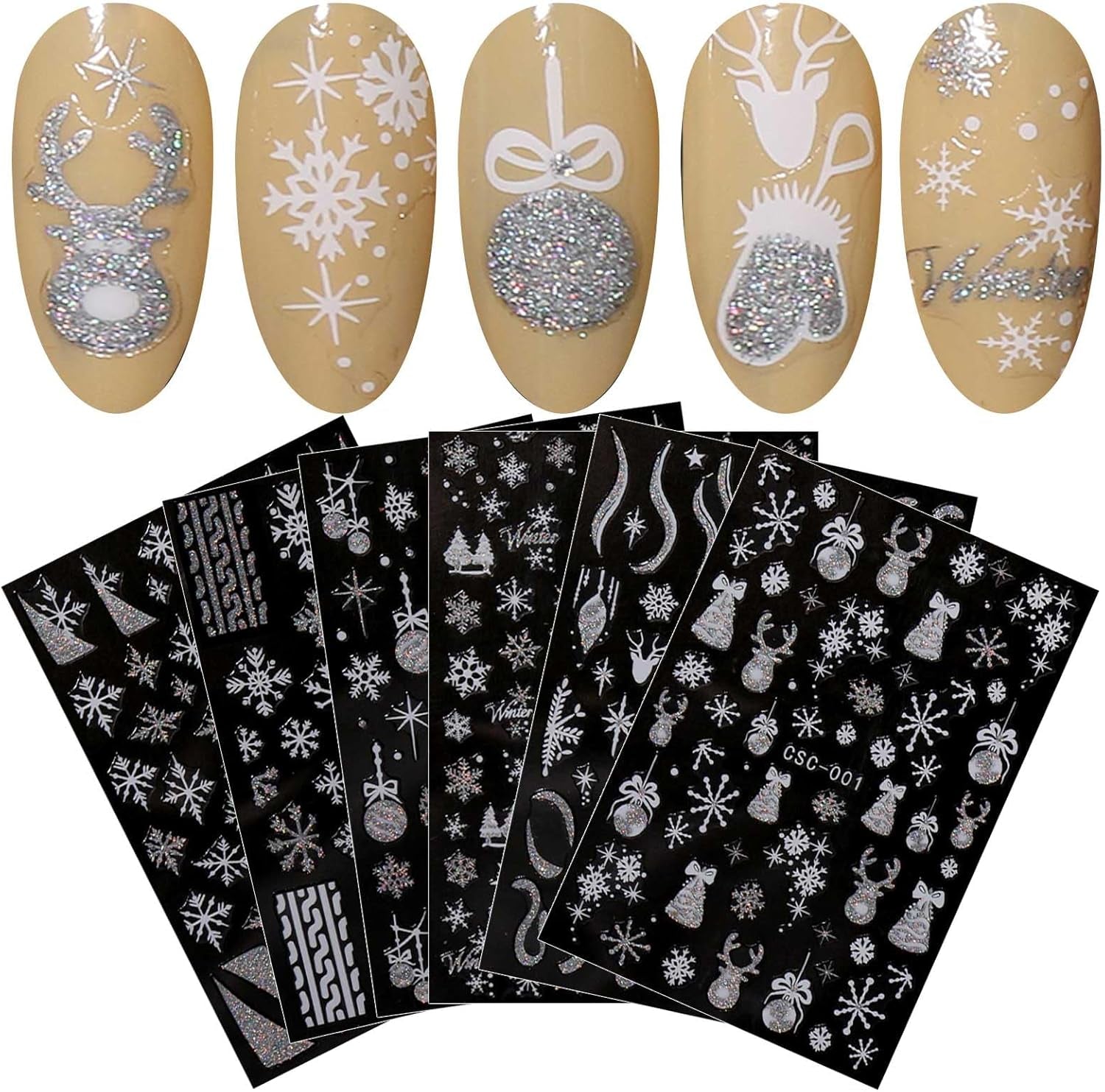 JMEOWIO Nálepka na nehty Weihnachten Gold Glitter Silber 8 Blatt Nálepka na nehty Selbtklebend Nagelaufkleber Schneeflocke Winterurlaub Dekoration Nageldesign Zubehör
