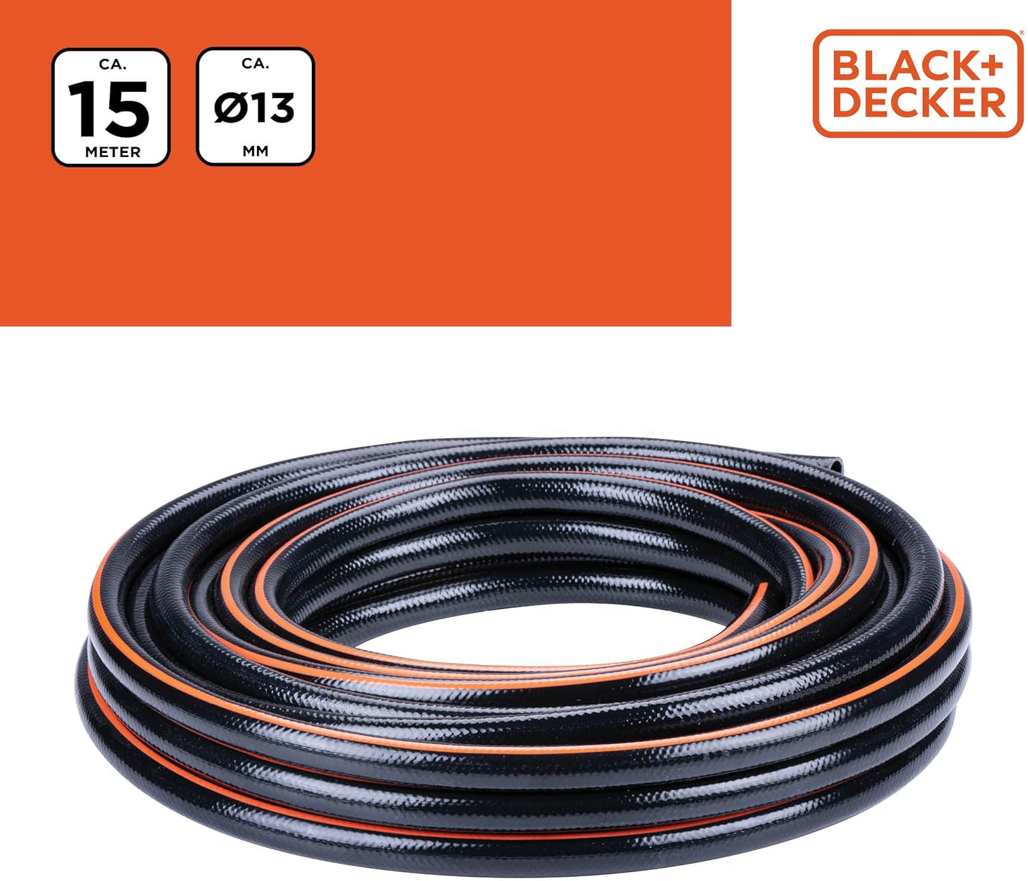 Zahradní hadice BLACK+DECKER 15 metrů - Ø13MM - Odolné PVC - Zalévání zahrady, mytí auta, napouštění bazénu - Kompatibilní s jakoukoli standardní baterií - Černá/Oranžová
