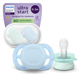 Noční dudlík Philips AVENT Ultra Start, ortodontický dudlík pro novorozence, zářící ve tmě, bez BPA, se sterilizační nádobkou, dvojité balení, měsíc, hvězda, SCF075/07