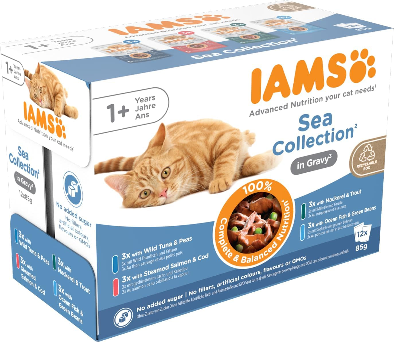 IAMS Delights Sea Collection Katzenfutter Nass - Multipack mit Fisch Sorten (Lachs, Thunfisch, Makreel, Seefisch) v omáčce, Nassfutter für Katzen od 1 Jahr, 12 x 85 g