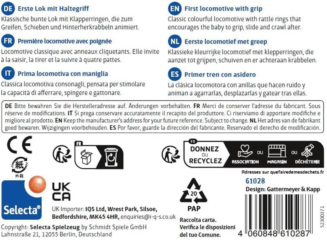 Hračka na chytání lokomotivy Selecta, 8,5 cm, dřevo, 6 měsíců - 3 roky, lokomotiva s chrastícími kroužky Jucarii Bebe Naty Shop