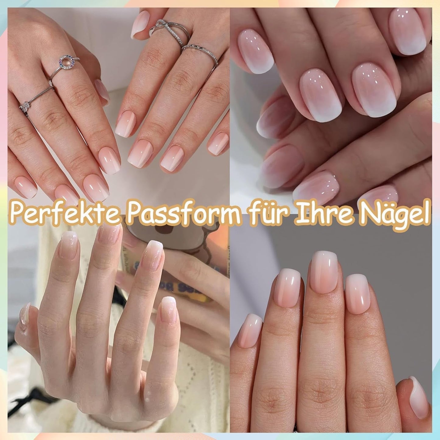 Sada falešných nehtů - 240 ks Krátké čtvercové nehty Model Měkký gel Nude White Gradient Falešné přírodní lepidlo na falešné nehty pro ženy DIY (nahé s přechodem, 240X)