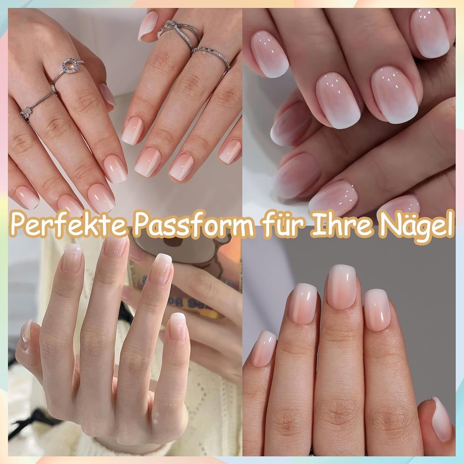 Sada falešných nehtů - 240 ks Krátké čtvercové nehty Model Měkký gel Nude White Gradient Falešné přírodní lepidlo na falešné nehty pro ženy DIY (nahé s přechodem, 240X)