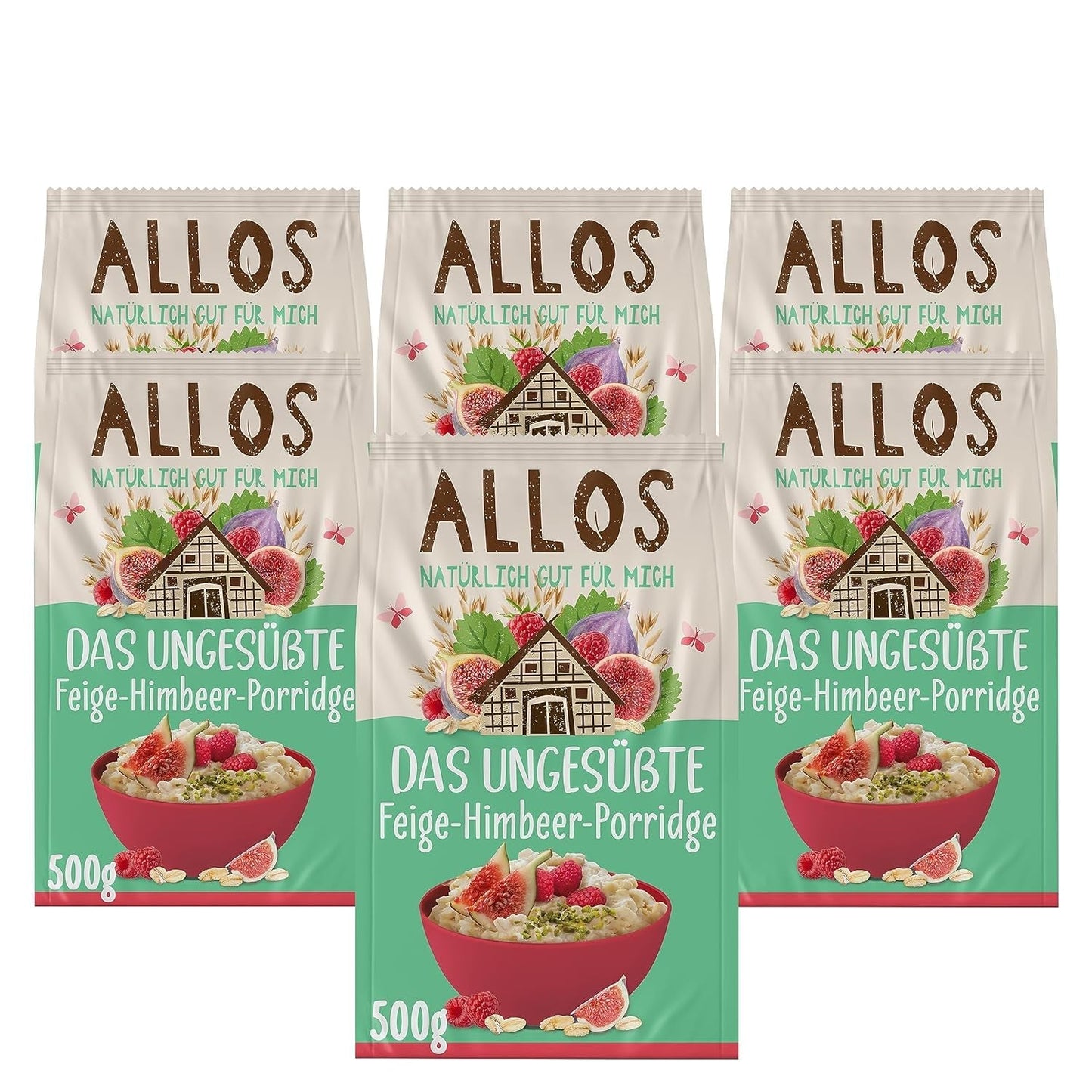 Neslazená kaše z fíků a malin Allos | Kaše bez cukru | Bio müsli | Müsli s ovocem | Ovesné vločky | Kaše k snídani | Cereálie k snídani | Vegan | Balení po 6 kusech (6 x 500 g)