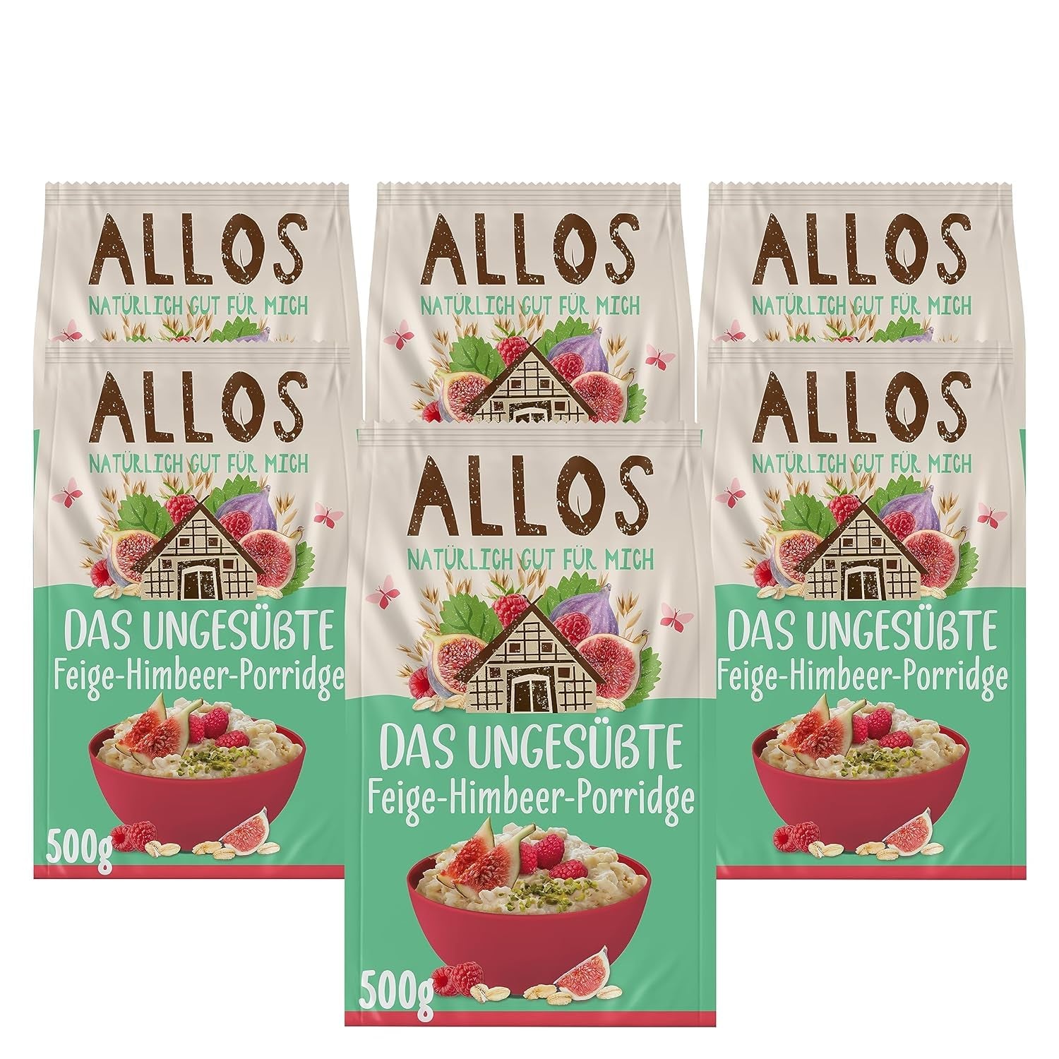 Neslazená kaše z fíků a malin Allos | Kaše bez cukru | Bio müsli | Müsli s ovocem | Ovesné vločky | Kaše k snídani | Cereálie k snídani | Vegan | Balení po 6 kusech (6 x 500 g)