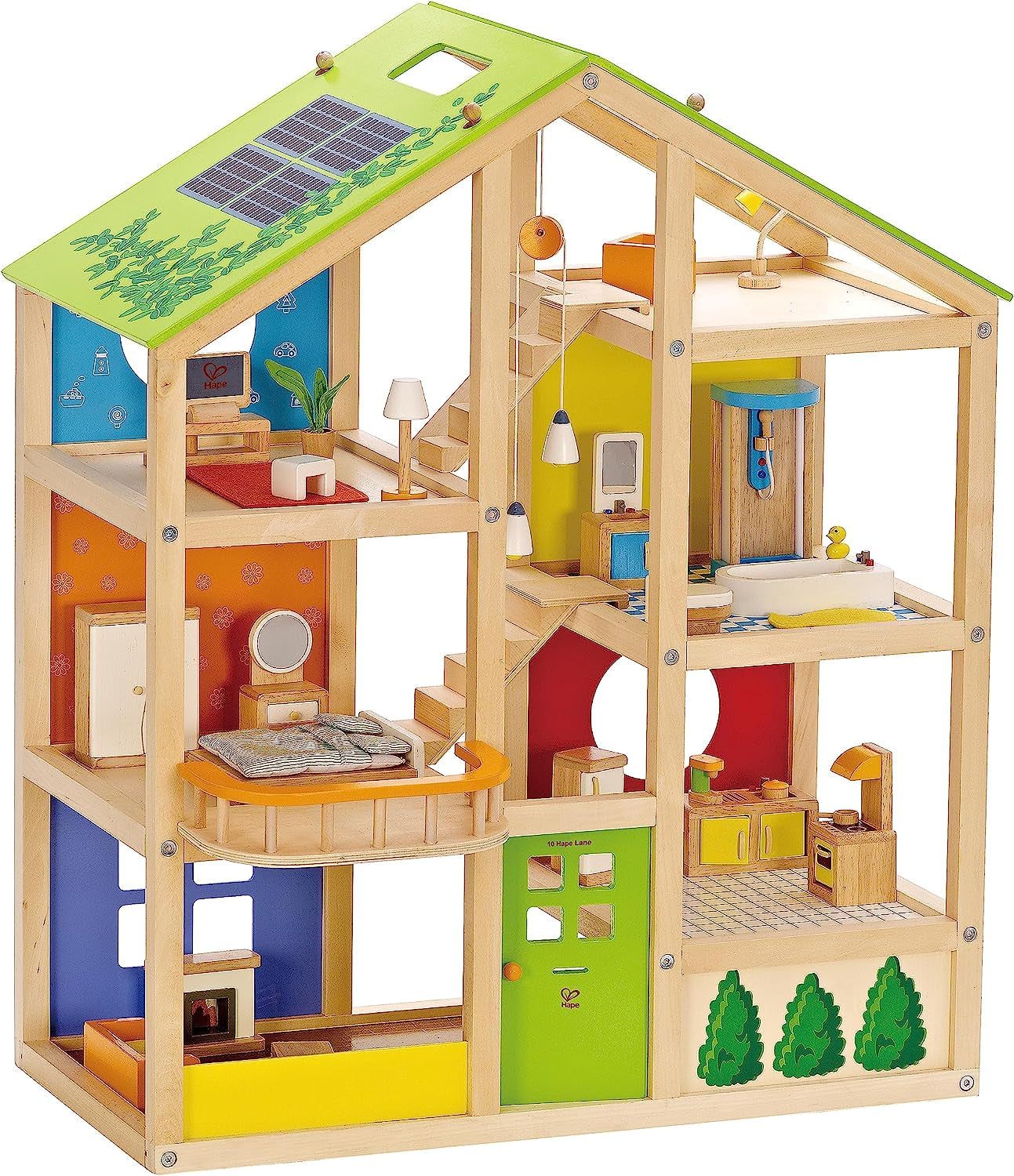 Dřevěný domeček pro panenky Hape Four Seasons Oceněný třípatrový domeček pro panenky s nábytkem, doplňky, pohyblivými schody a otočnou střechou pro každou sezónu Domky pro panenky Naty Shop Dům pro čtyři roční období (zařízený)