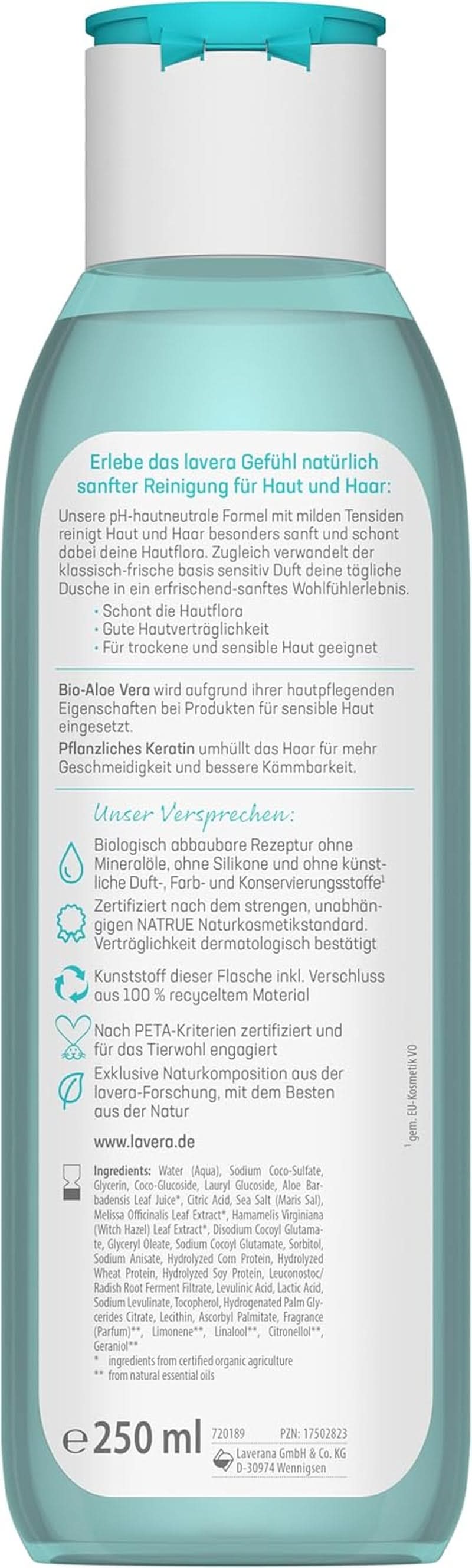 Lavera Care Basis Sensitiv 2v1, Šampon a sprchový gel s bio aloe vera a rostlinným keratinem, 250 ml Sprcha a koupel Naty Shop
