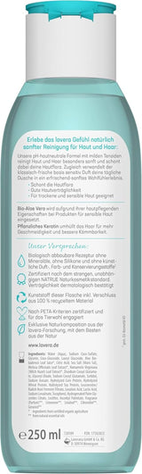 Lavera Care Basis Sensitiv 2v1, Šampon a sprchový gel s bio aloe vera a rostlinným keratinem, 250 ml Sprcha a koupel Naty Shop