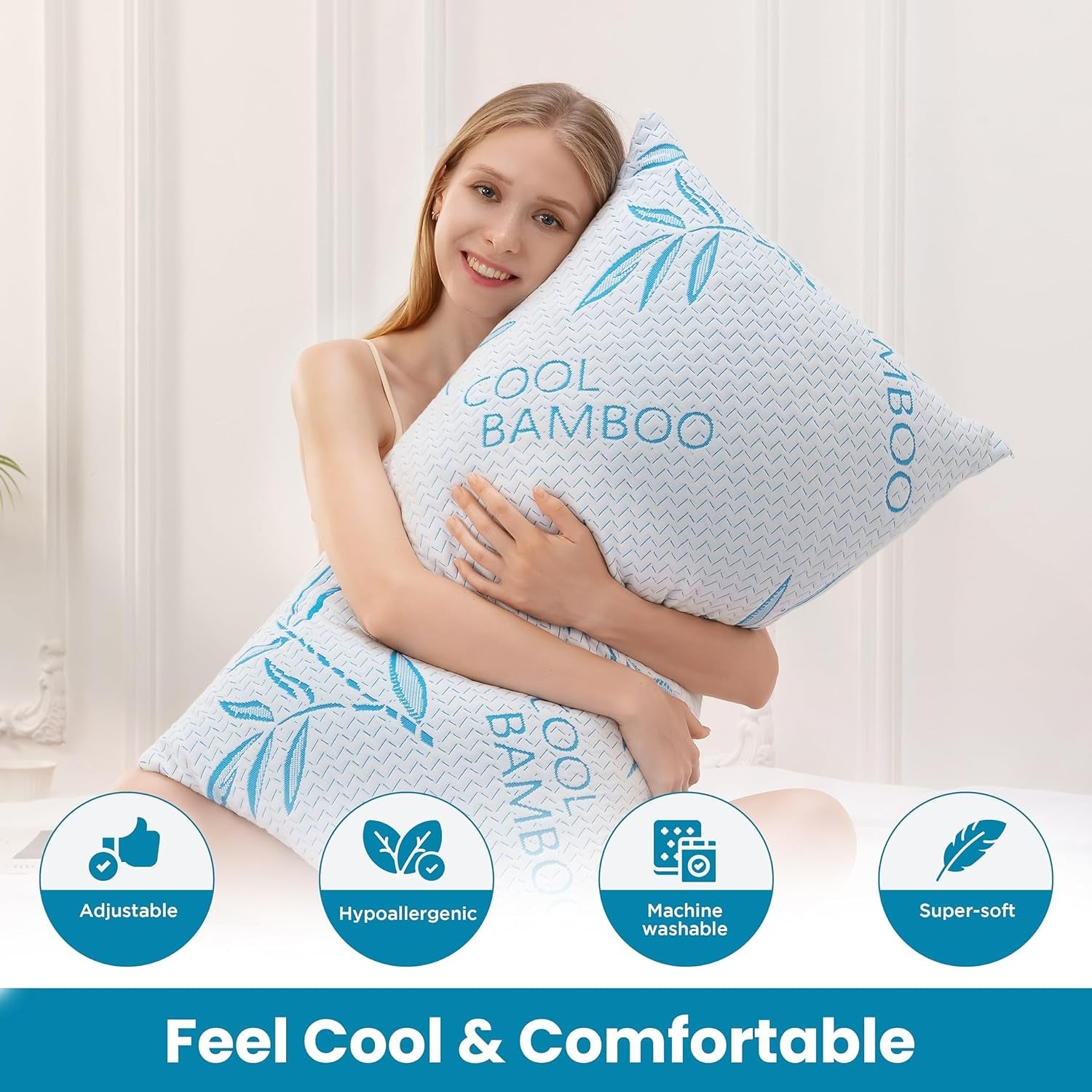 Comfysleep King Size Bamboo Viskóza Polštář Chlazení Strouhaná paměťová pěna Nastavitelná bambusová viskóza Snímatelný/pratelný potah 2ks Naty Shop Standardní polštáře