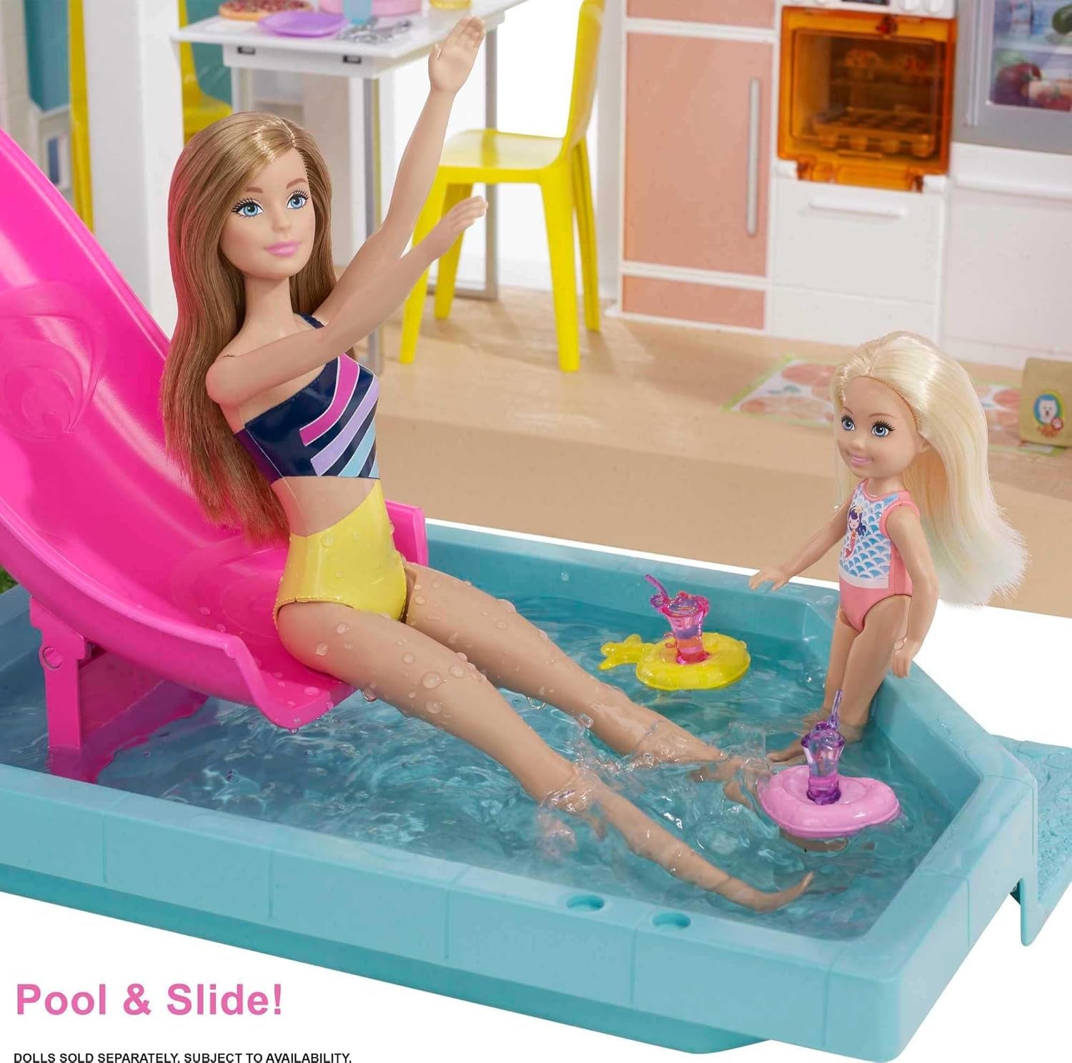 Dům snů Barbie (114 cm), 3patrový domeček pro panenky, bazén, skluzavka, výtah pro invalidní vozíky, 75 doplňků, panenky, vhodné jako dárek pro děti od 3 let, GRG93